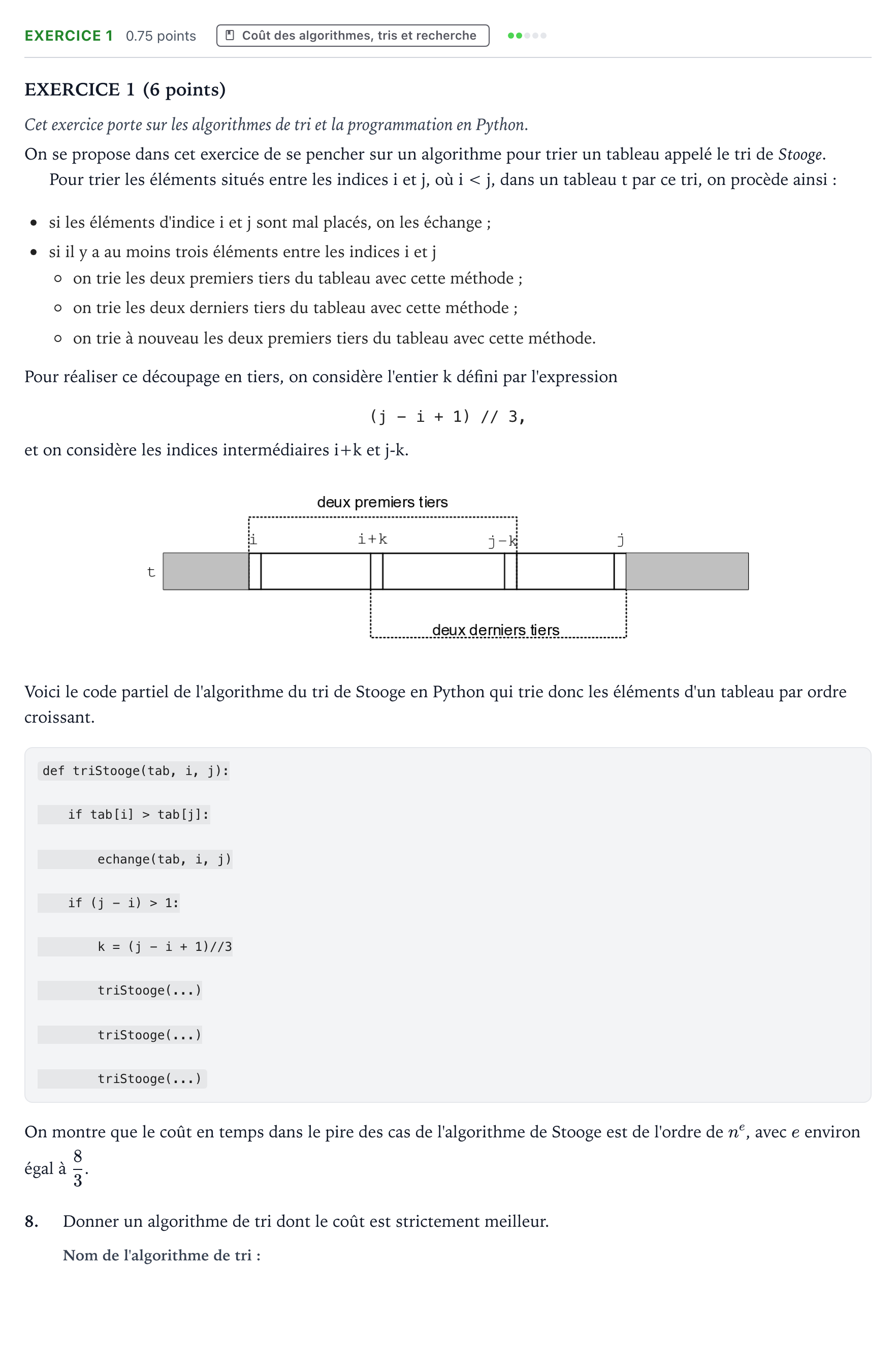 Énoncé: Exercice 1 - Coût des algorithmes, tris et recher… · Bac Numérique et Sciences Informatiques Amérique du Nord 2024 (jour 2)