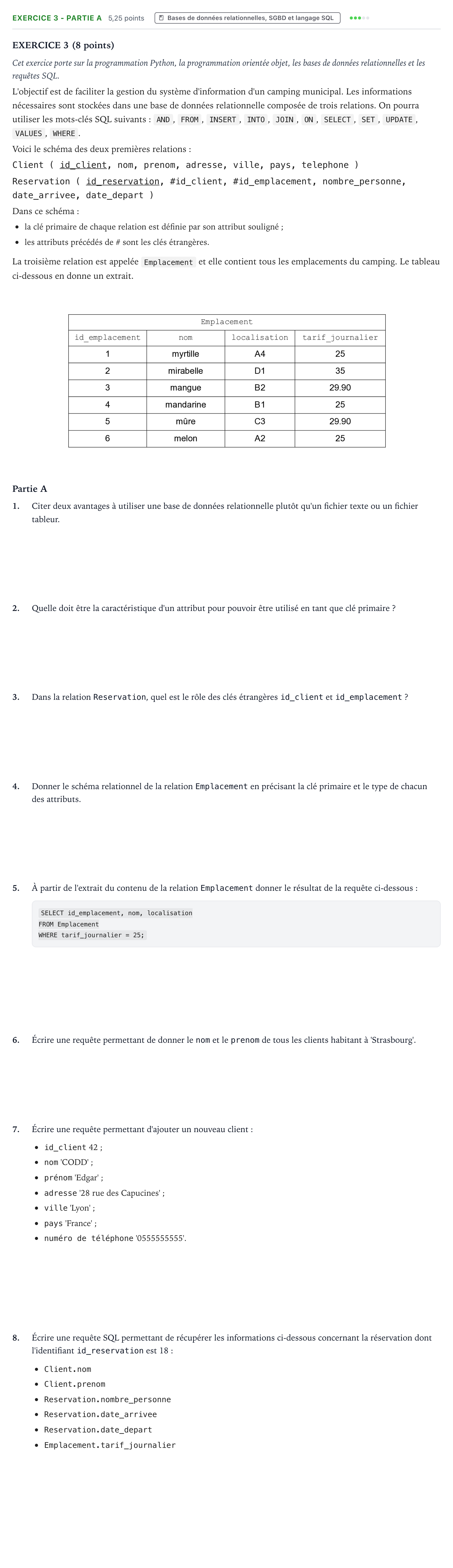 Énoncé: Exercice 3 - Partie A · Bac Numérique et Sciences Informatiques Centres étrangers (Afrique) 2024 (jour 1)