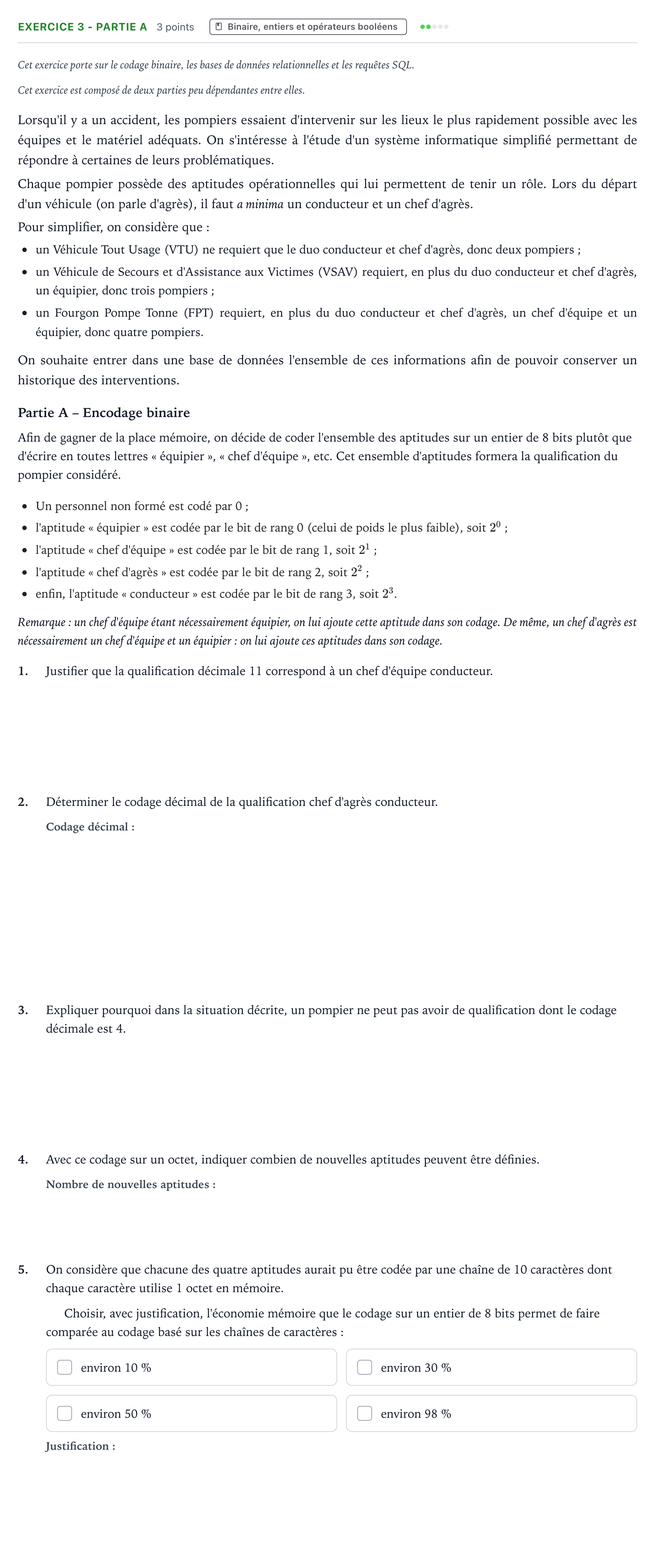 Énoncé: Exercice 3 - Partie A · Bac Numérique et Sciences Informatiques Centres étrangers (Afrique) 2024 (jour 2)