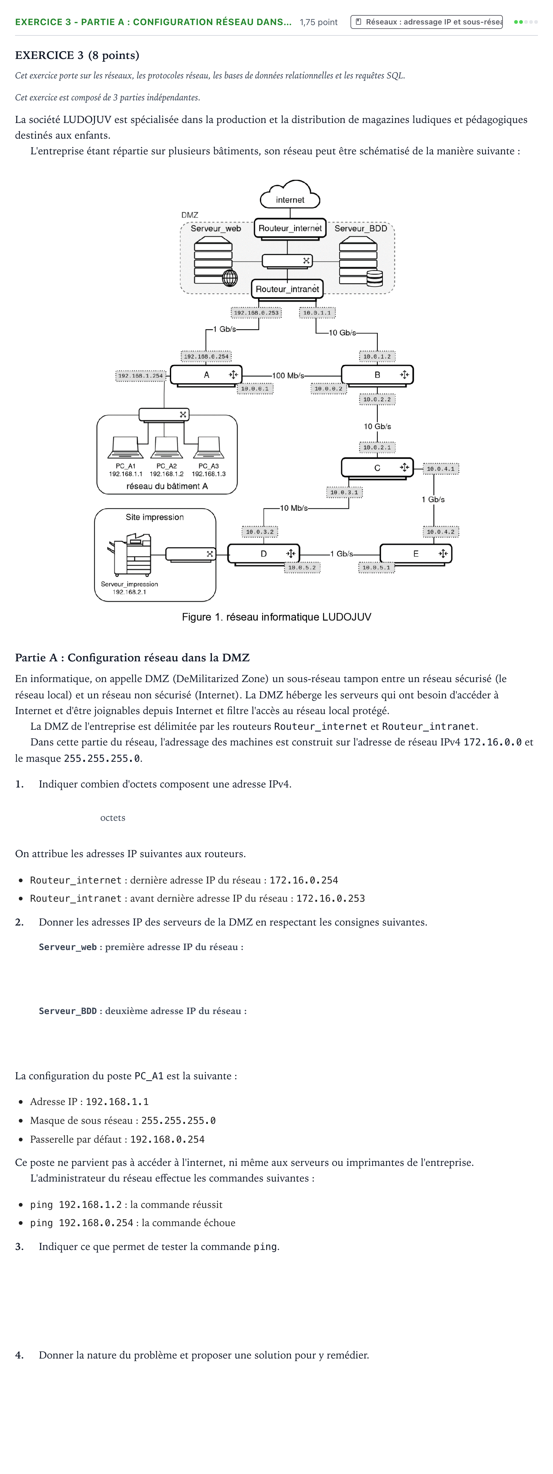 Énoncé: Exercice 3 - Partie A : Configuration réseau dans… · Bac Numérique et Sciences Informatiques Métropole 2 remplacement 2024