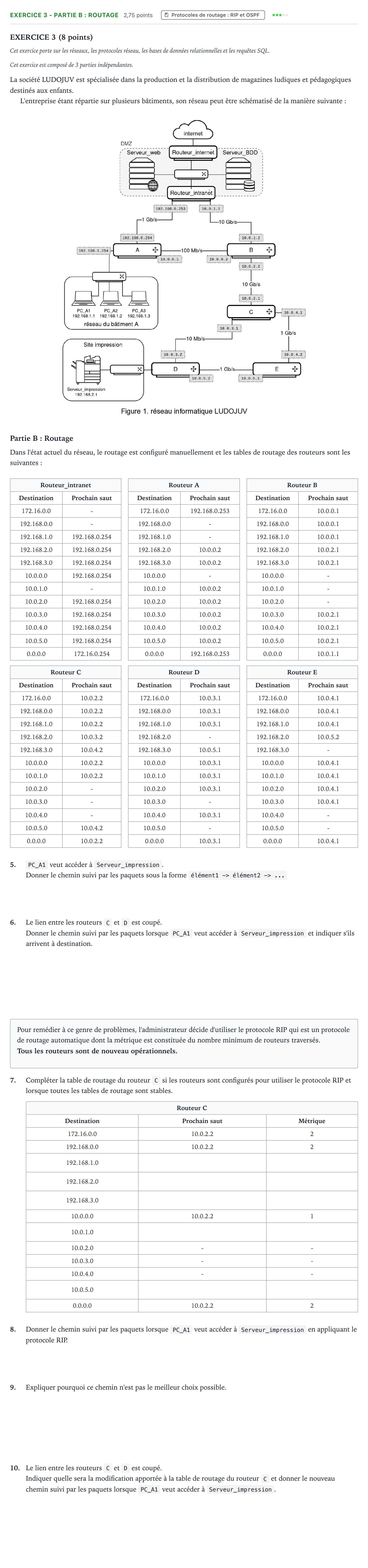 Énoncé: Exercice 3 - Partie B : Routage · Bac Numérique et Sciences Informatiques Métropole 2 remplacement 2024