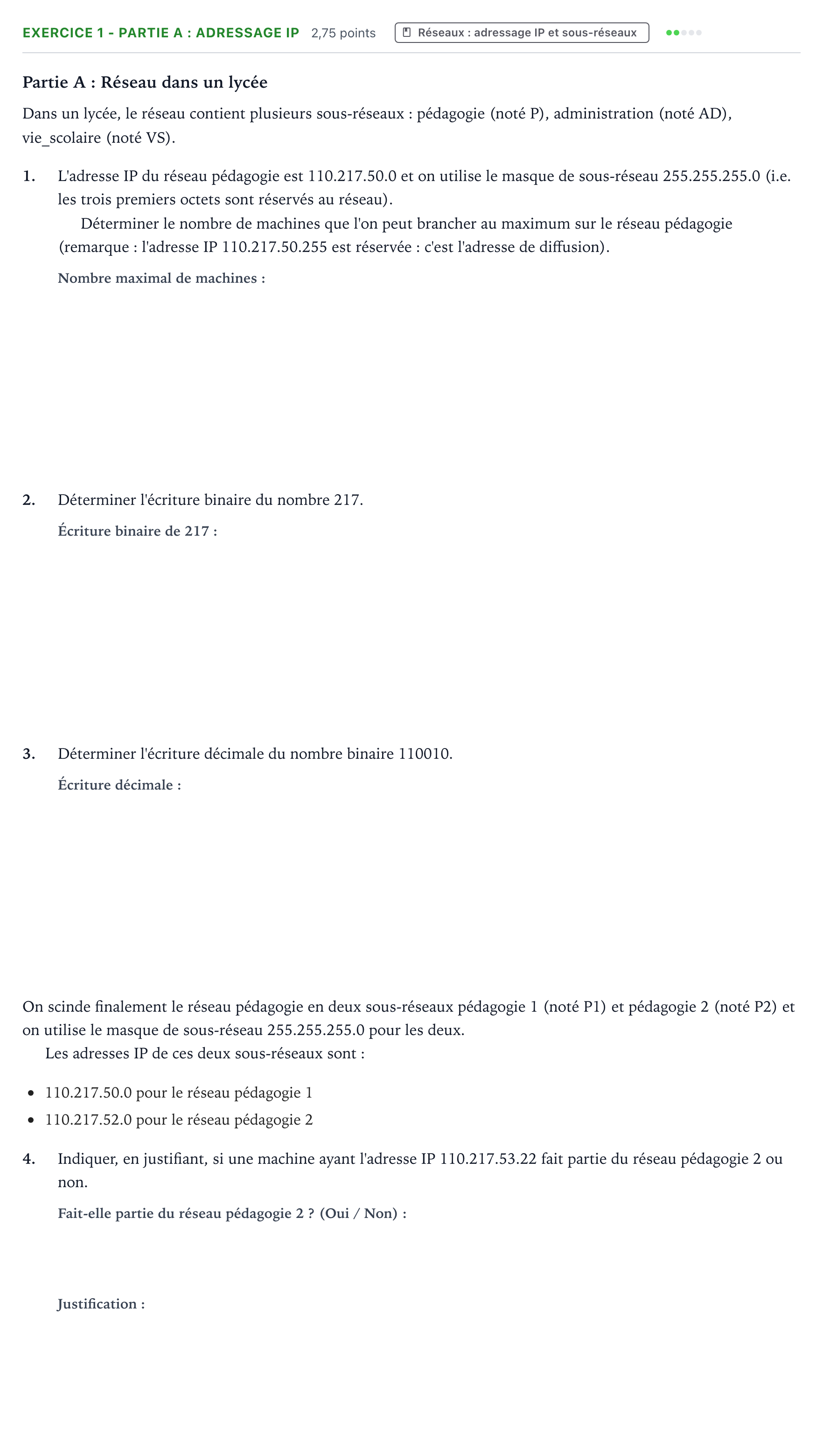 Énoncé: Exercice 1 - Partie A : Adressage IP · Bac Numérique et Sciences Informatiques Polynésie 2024 (jour 1)