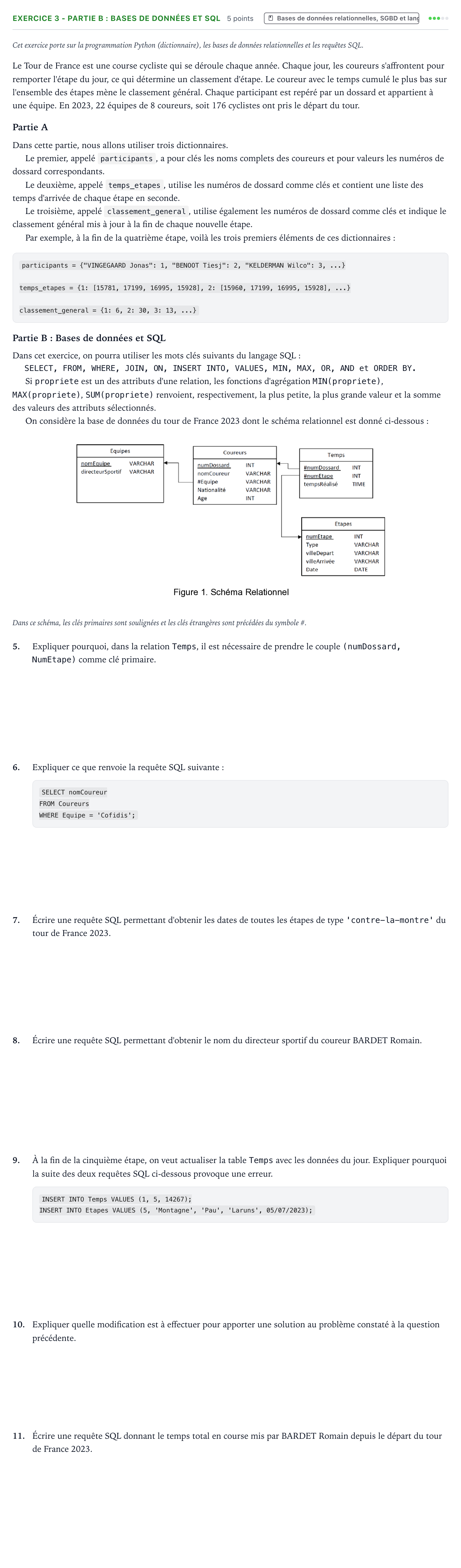 Énoncé: Exercice 3 - Partie B : Bases de données et SQL · Bac Numérique et Sciences Informatiques Polynésie 2024 (jour 1)