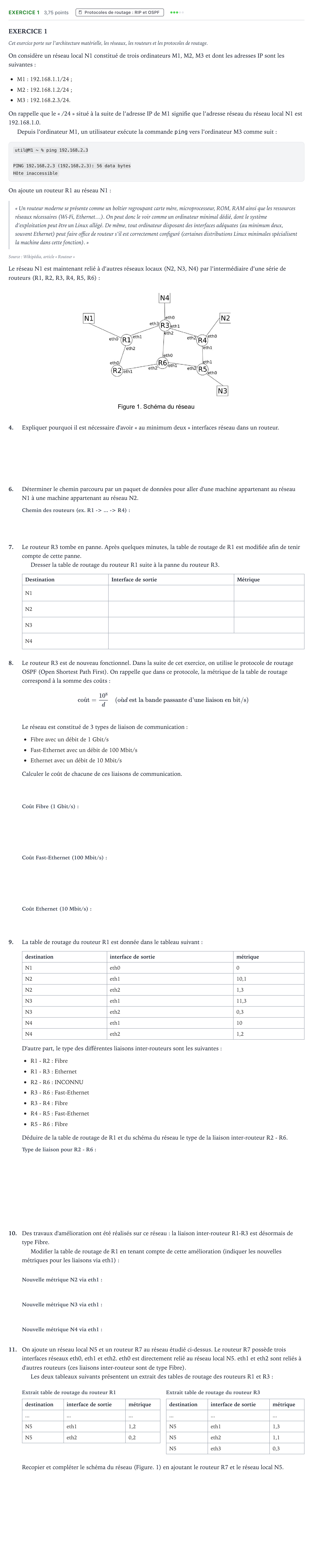 Énoncé: Exercice 1 - Protocoles de routage : RIP et OSPF · Bac Numérique et Sciences Informatiques Sujets zéro et spécimens sujet 2024 (sujet 1)