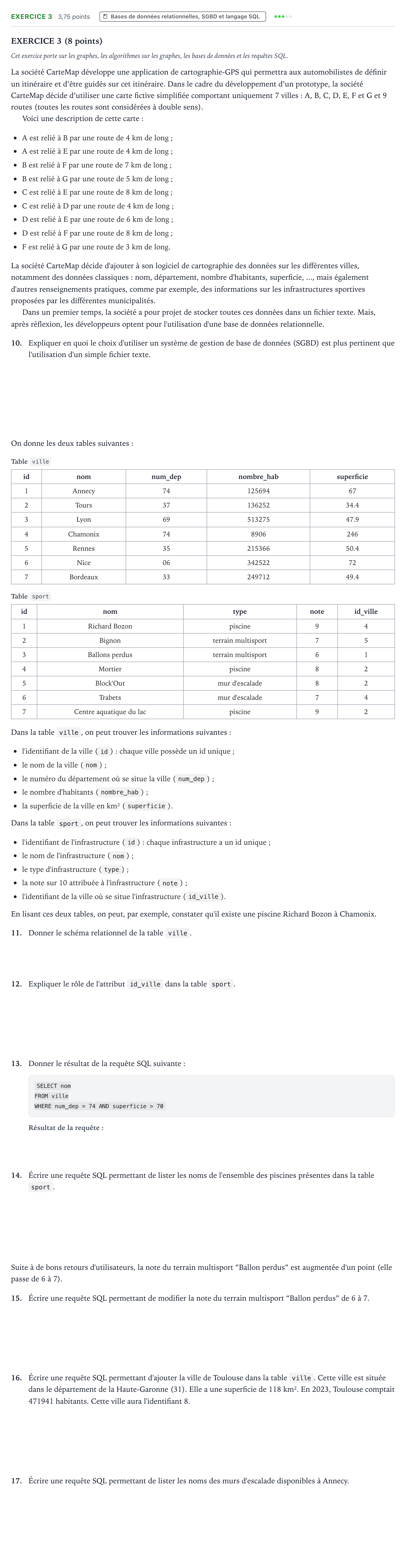 Énoncé: Exercice 3 - Bases de données relationnelles, SGB… · Bac Numérique et Sciences Informatiques Sujets zéro et spécimens sujet 2024 (sujet 1)