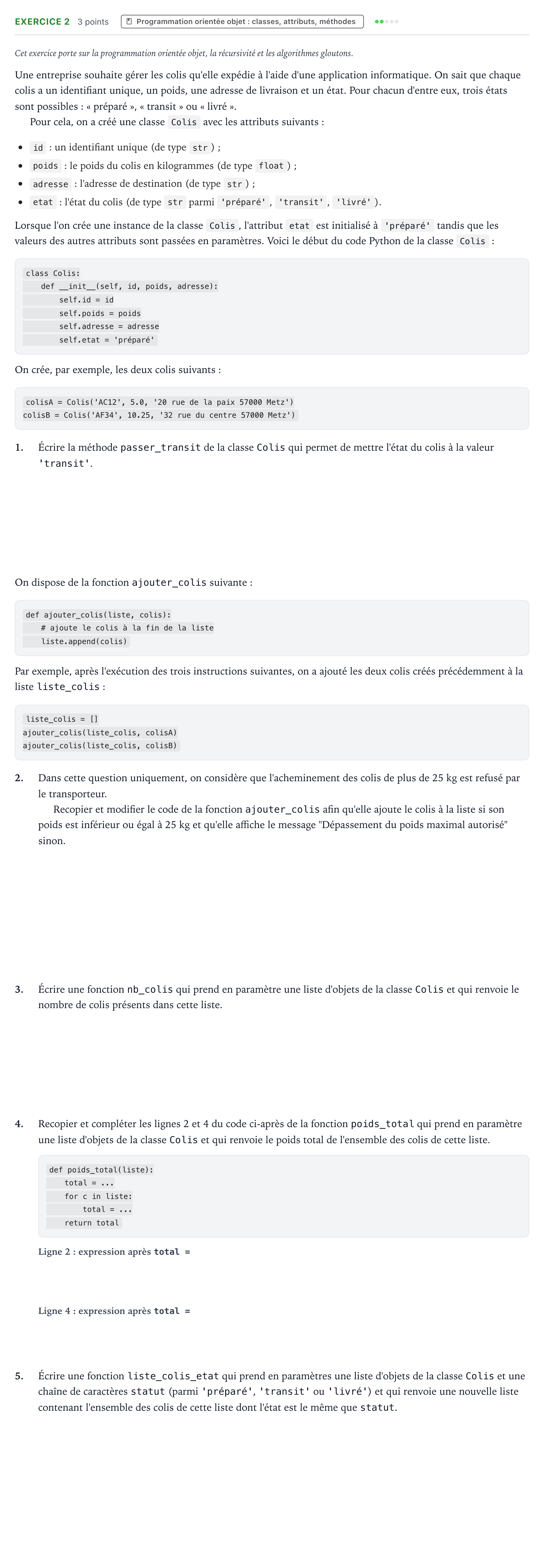 Énoncé: Exercice 2 - Programmation orientée objet · Bac Numérique et Sciences Informatiques Amérique du Nord 2025 (jour 1)