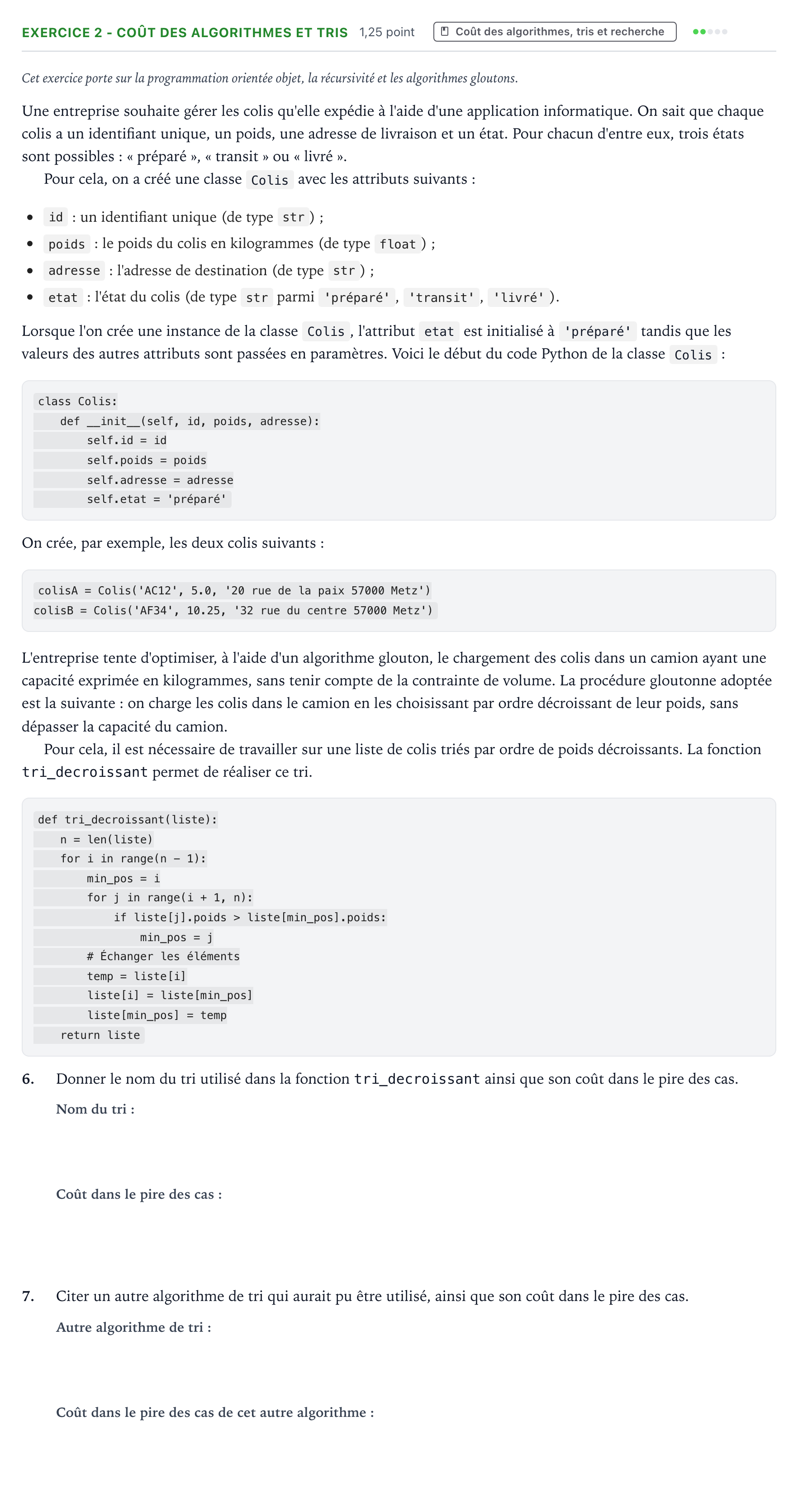 Énoncé: Exercice 2 - Coût des algorithmes et tris · Bac Numérique et Sciences Informatiques Amérique du Nord 2025 (jour 1)