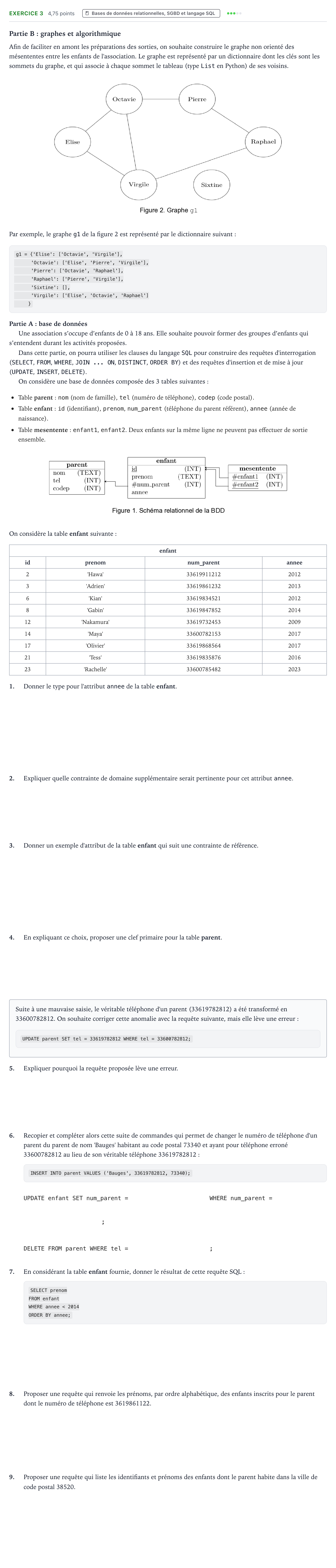 Énoncé: Exercice 3 - Bases de données relationnelles · Bac Numérique et Sciences Informatiques Amérique du Nord 2025 (jour 1)