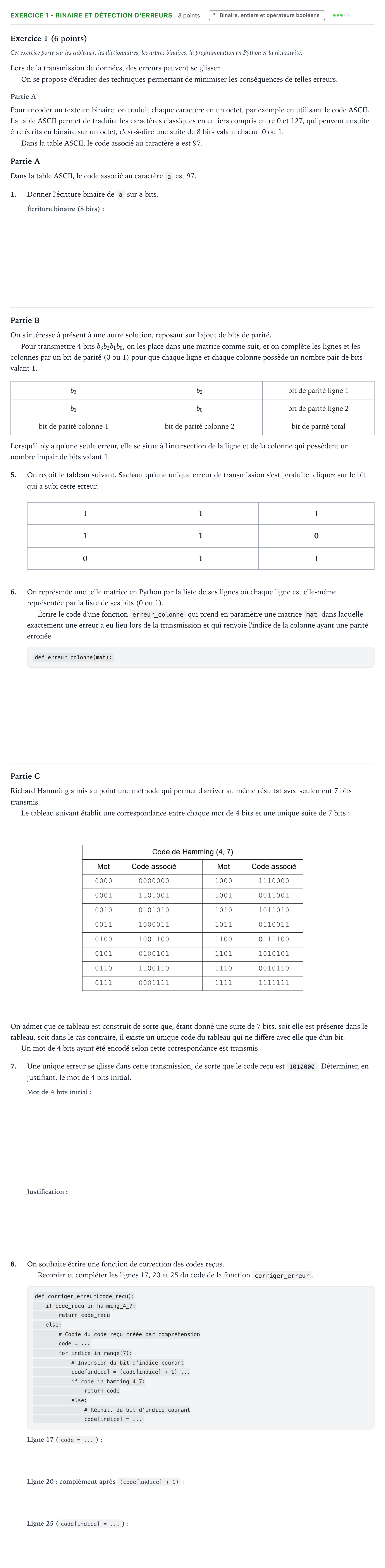 Énoncé: Exercice 1 - Binaire et détection d'erreurs · Bac Numérique et Sciences Informatiques Amérique du Nord 2025 (jour 2)