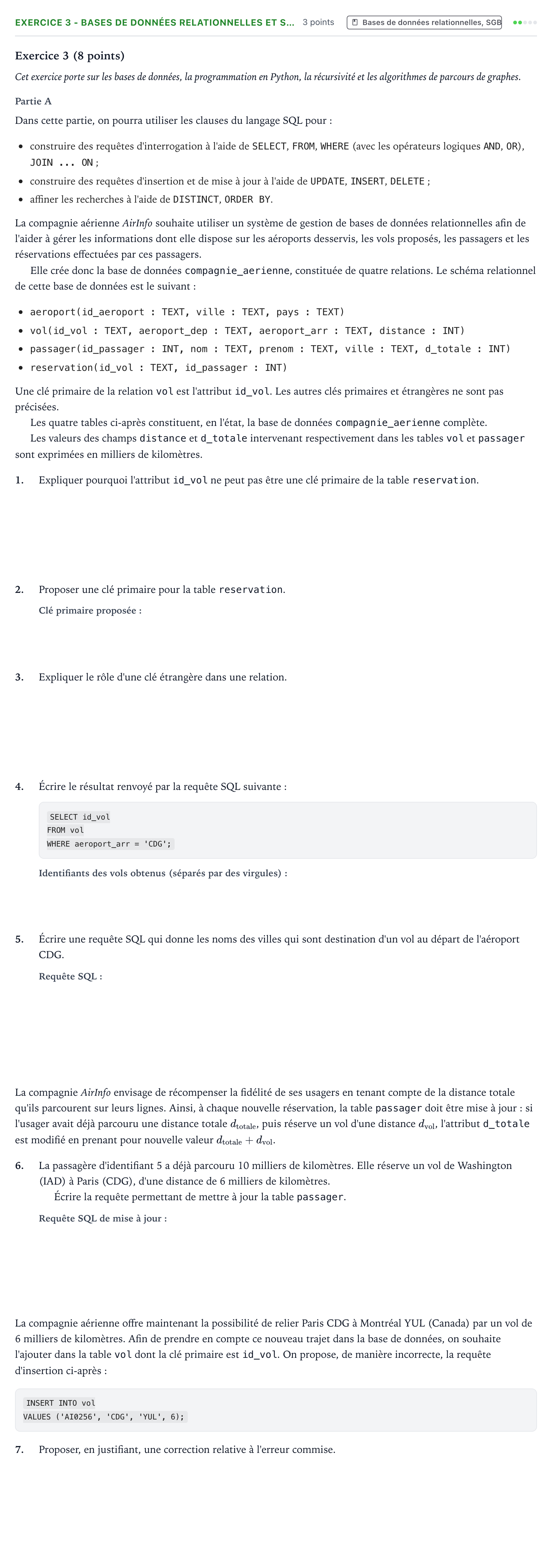 Énoncé: Exercice 3 - Bases de données relationnelles et S… · Bac Numérique et Sciences Informatiques Amérique du Nord 2025 (jour 2)