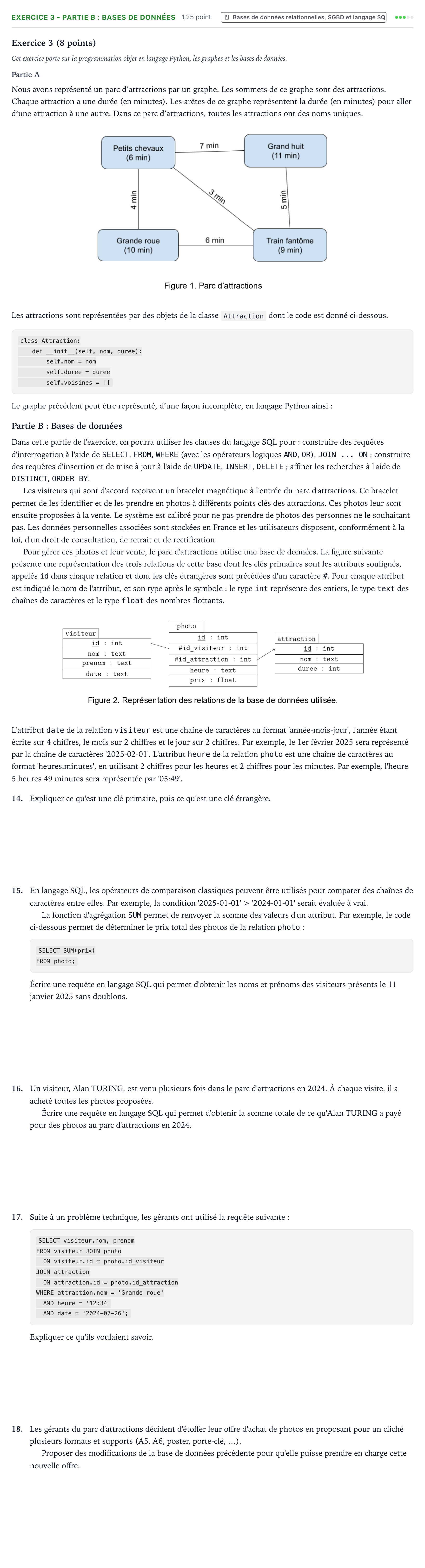 Énoncé: Exercice 3 - Partie B : Bases de données · Bac Numérique et Sciences Informatiques Amérique du Nord 2025 (jour 2 bis)