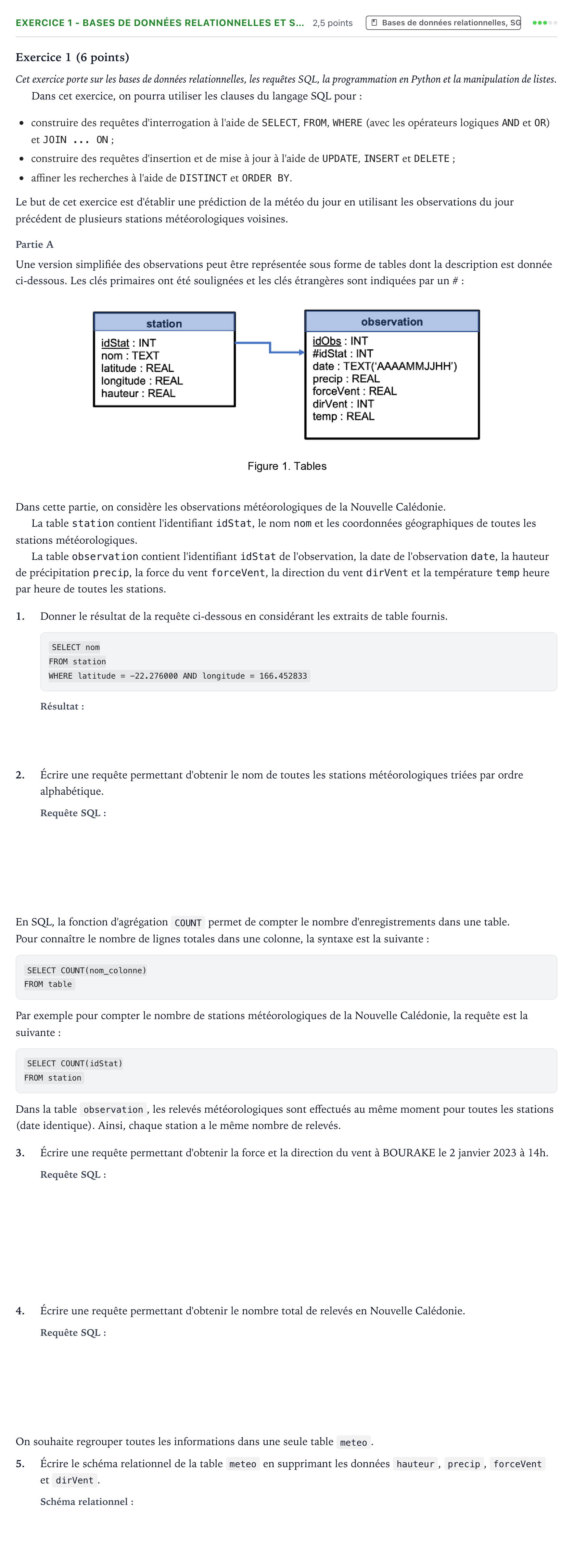 Énoncé: Exercice 1 - Bases de données relationnelles et S… · Bac Numérique et Sciences Informatiques Amérique du Sud 2025 (jour 2)