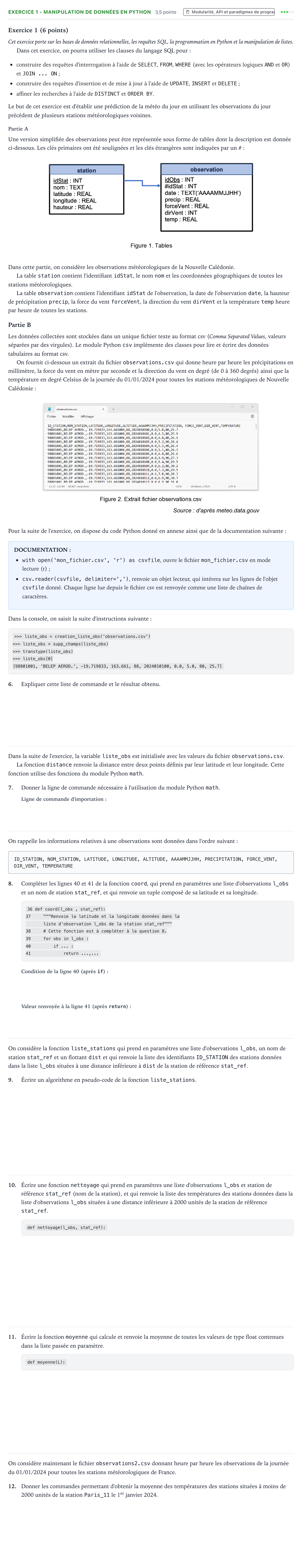 Énoncé: Exercice 1 - Manipulation de données en Python · Bac Numérique et Sciences Informatiques Amérique du Sud 2025 (jour 2)