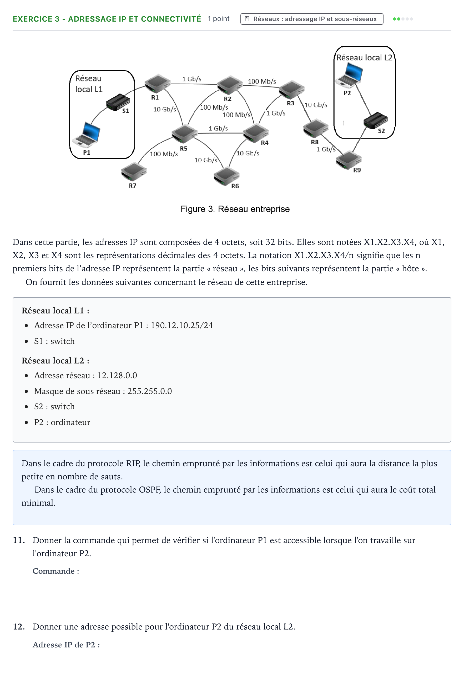 Énoncé: Exercice 3 - Adressage IP et connectivité · Bac Numérique et Sciences Informatiques Amérique du Sud 2025 (jour 2)