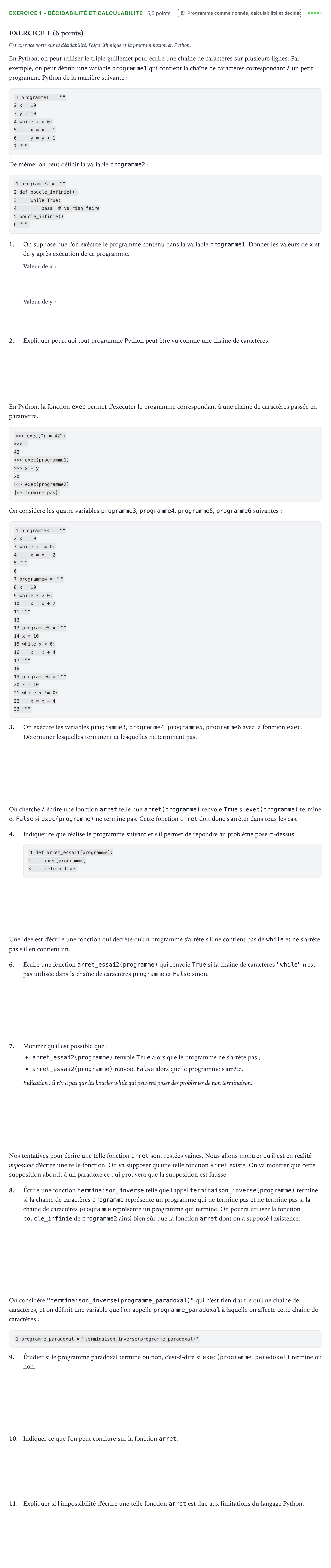 Énoncé: Exercice 1 - Décidabilité et calculabilité · Bac Numérique et Sciences Informatiques Asie 2025 (jour 1)
