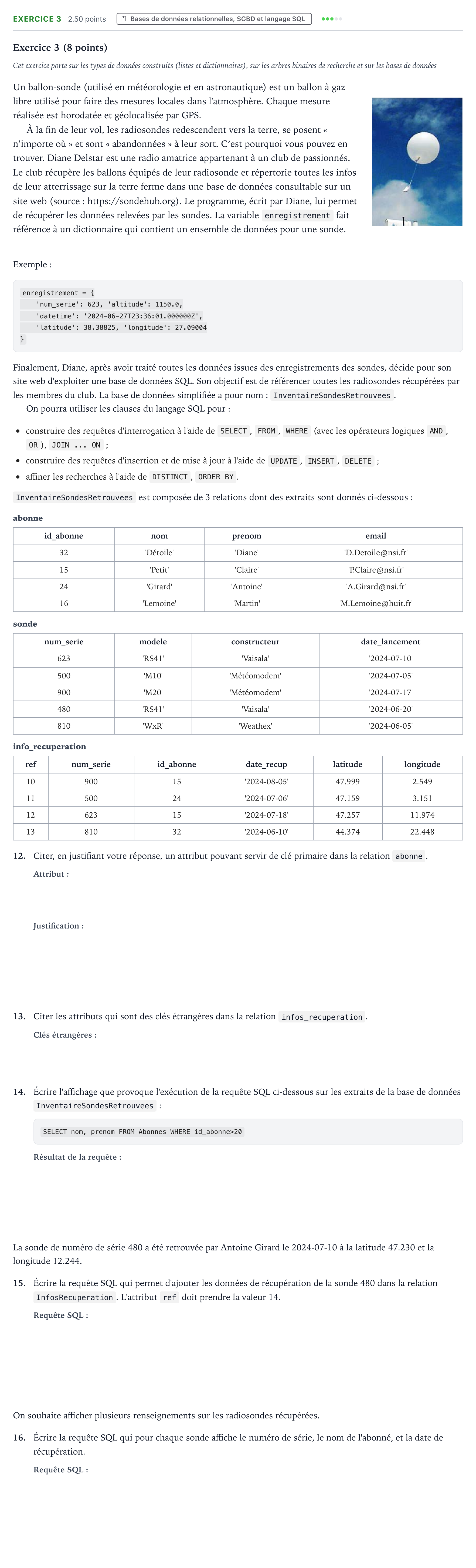 Énoncé: Exercice 3 - Bases de données relationnelles · Bac Numérique et Sciences Informatiques Centres étrangers (Afrique) 2025 (jour 1)
