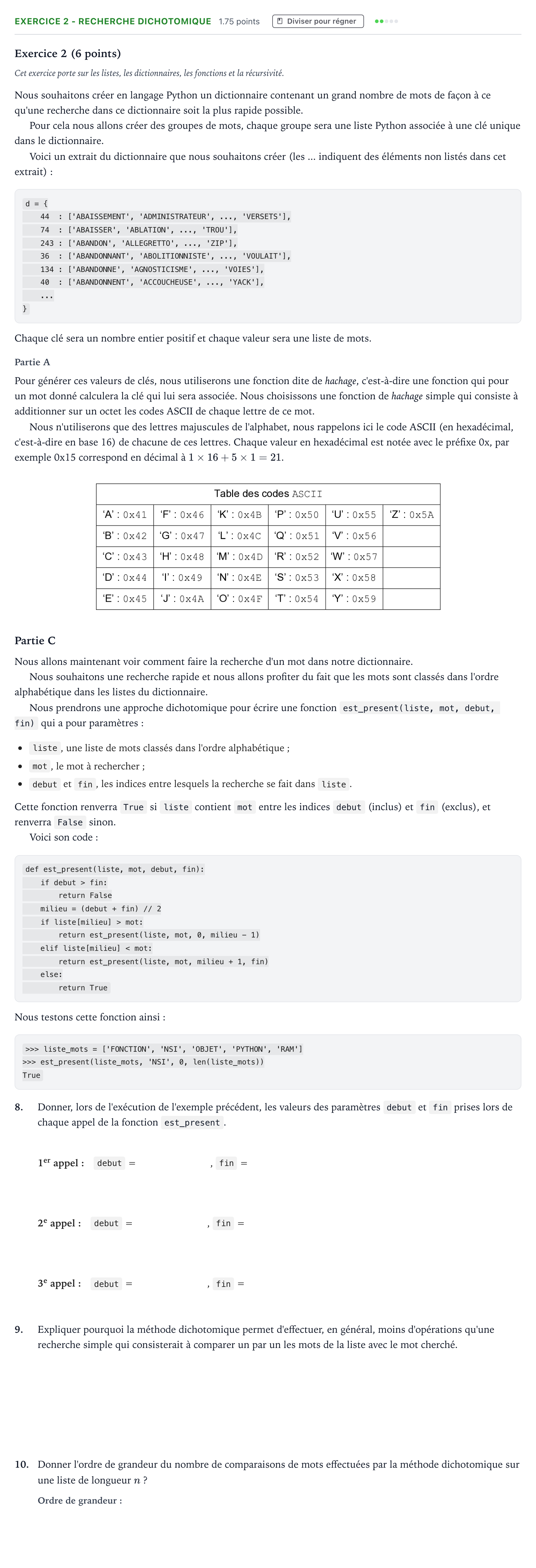 Énoncé: Exercice 2 - Recherche dichotomique · Bac Numérique et Sciences Informatiques Centres étrangers (Afrique) 2025 (jour 2)