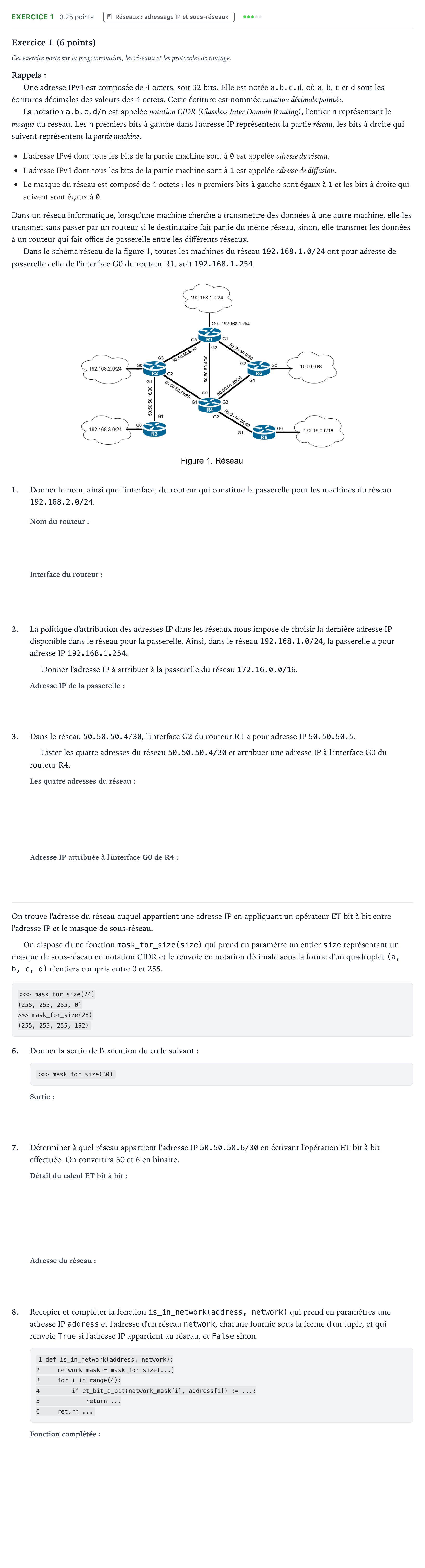 Énoncé: Exercice 1 - Réseaux : adressage IP et sous-résea… · Bac Numérique et Sciences Informatiques Métropole 1 remplacement 2025