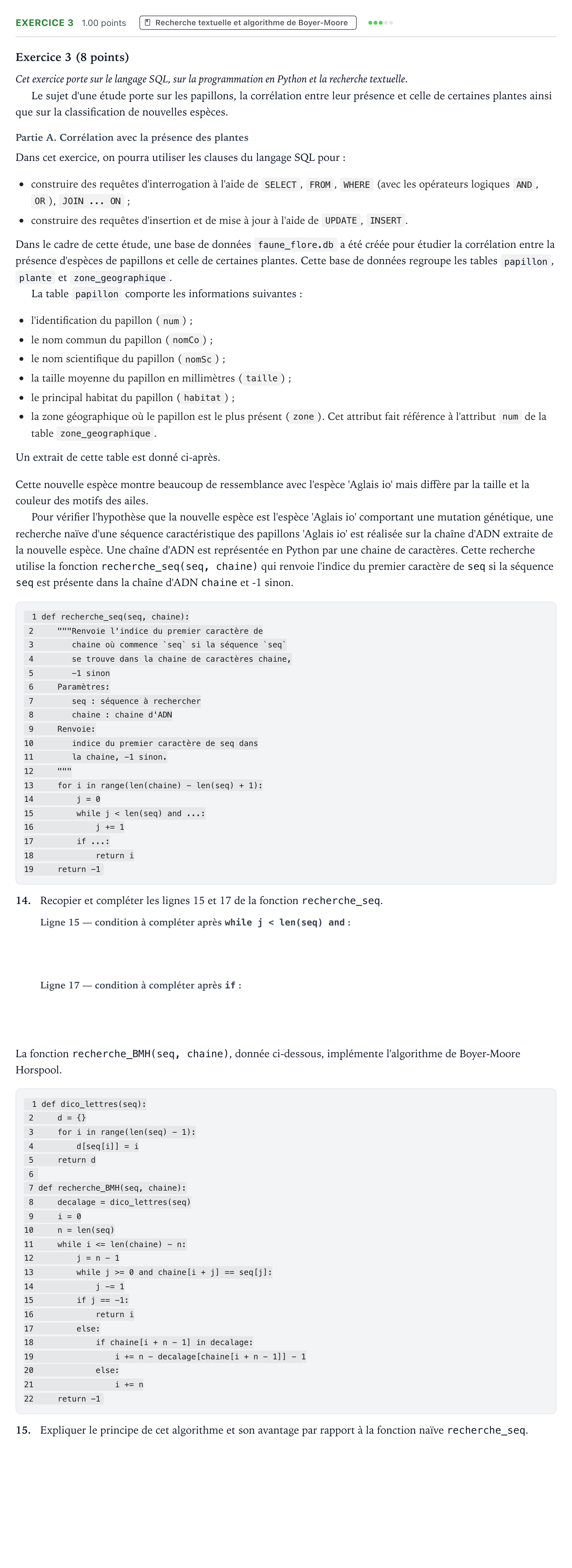 Énoncé: Exercice 3 - Recherche textuelle et algorithme de… · Bac Numérique et Sciences Informatiques Métropole 1 remplacement 2025