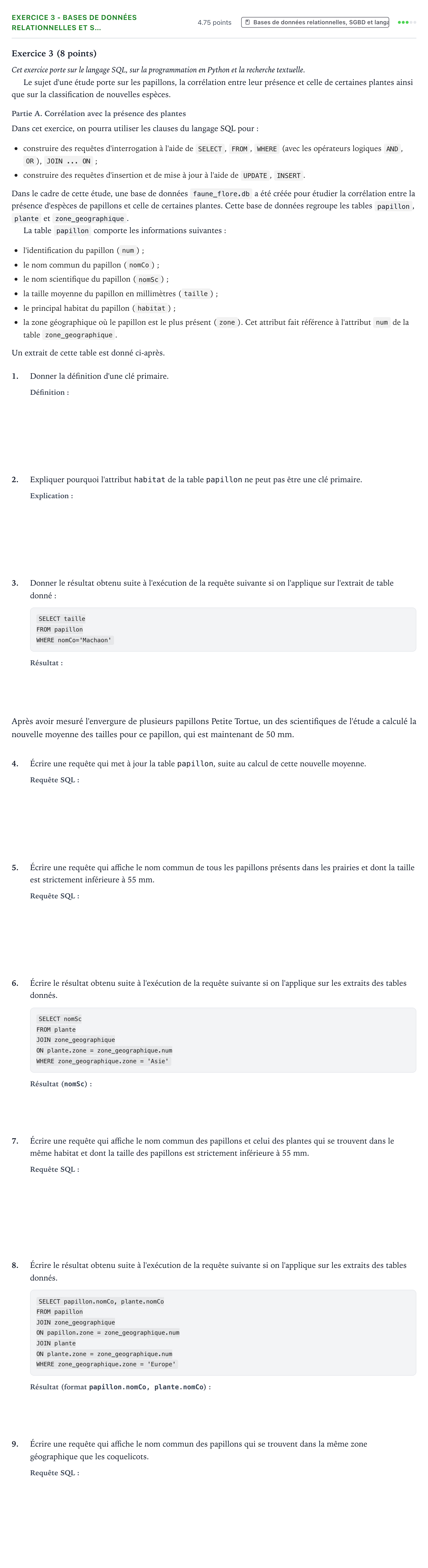 Énoncé: Exercice 3 - Bases de données relationnelles et S… · Bac Numérique et Sciences Informatiques Métropole 1 remplacement 2025
