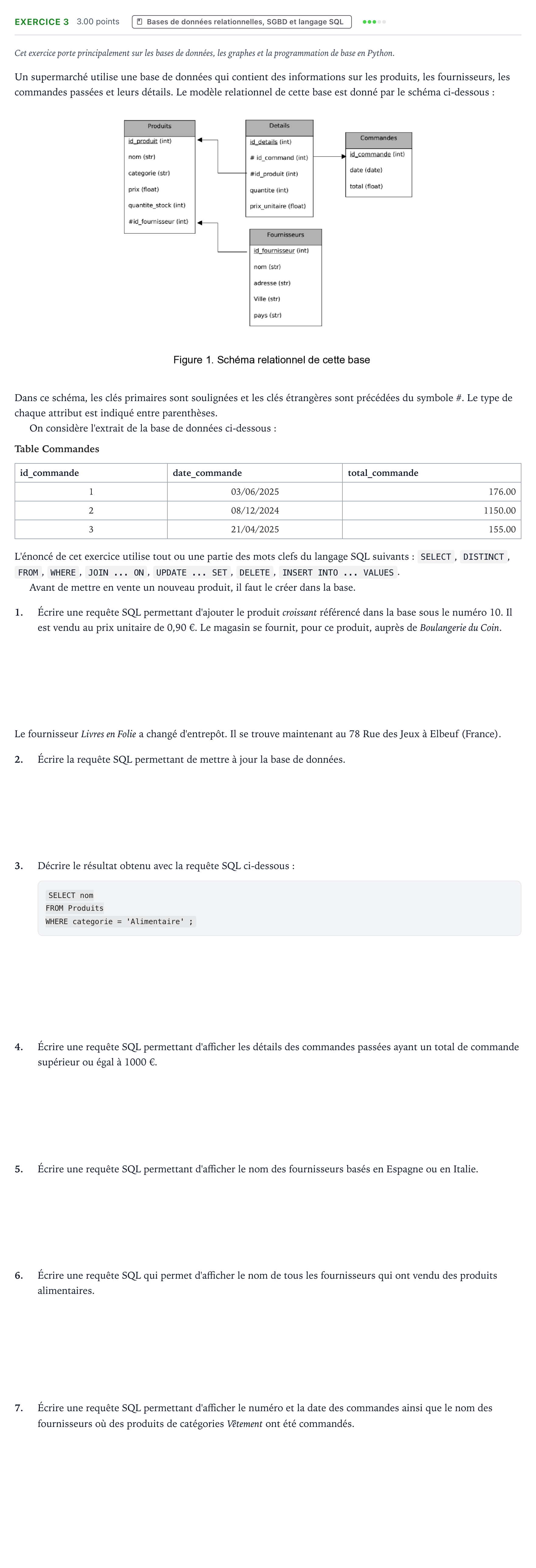 Énoncé: Exercice 3 - Bases de données · Bac Numérique et Sciences Informatiques Métropole 2 remplacement 2025