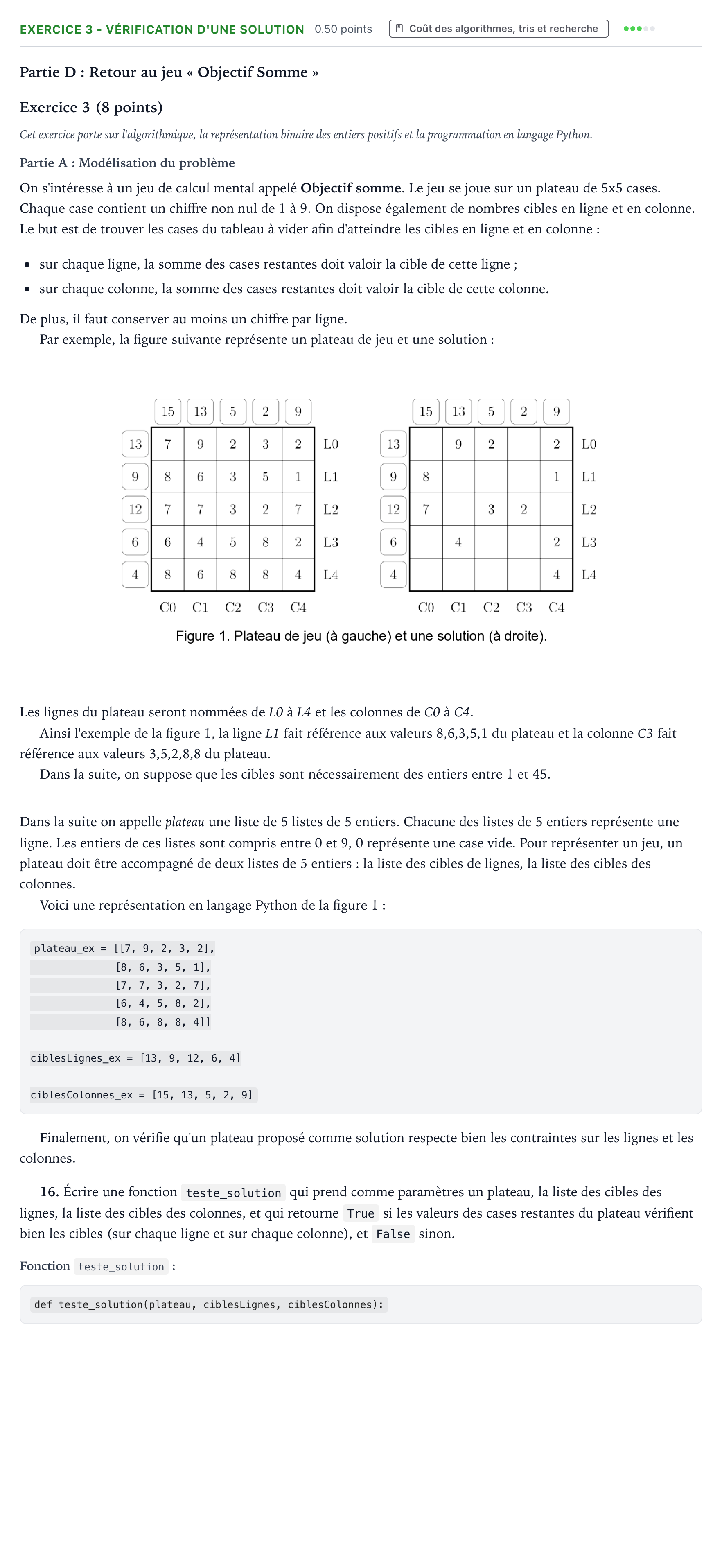 Énoncé: Exercice 3 - Vérification d'une solution · Bac Numérique et Sciences Informatiques Nouvelle-Calédonie 2025 (jour 1)