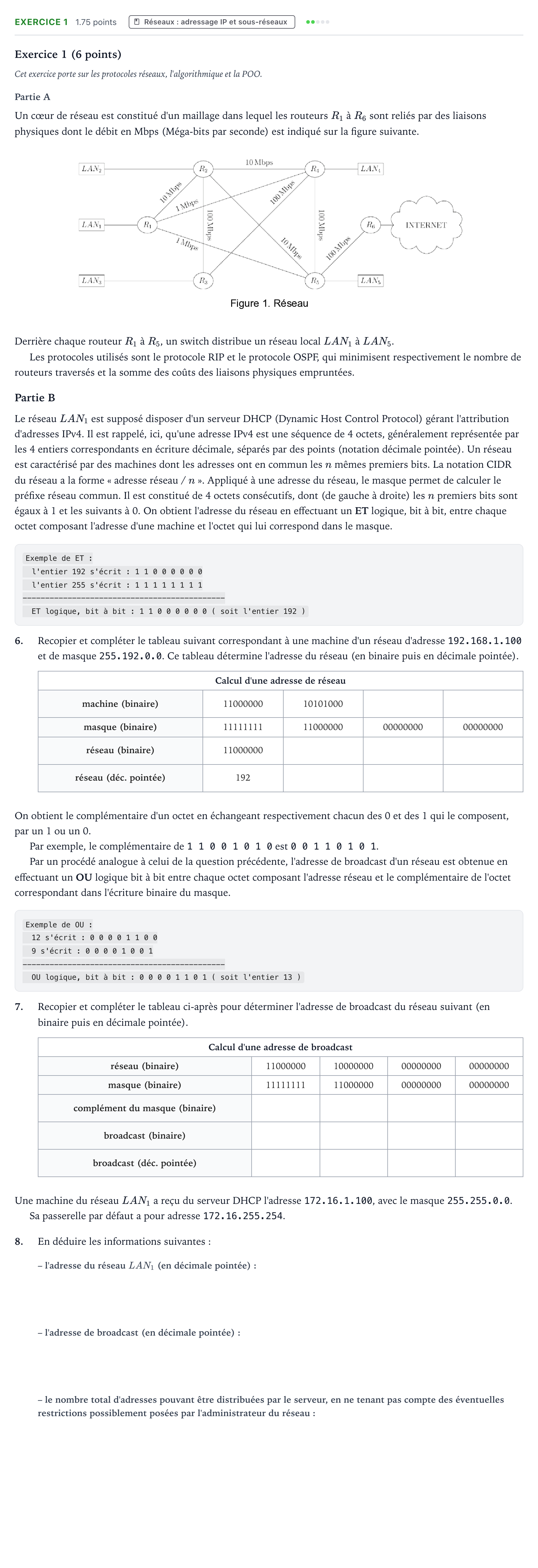 Énoncé: Exercice 1 - Réseaux : adressage IP et sous-réseaux · Bac Numérique et Sciences Informatiques Polynésie 2025 (jour 1)