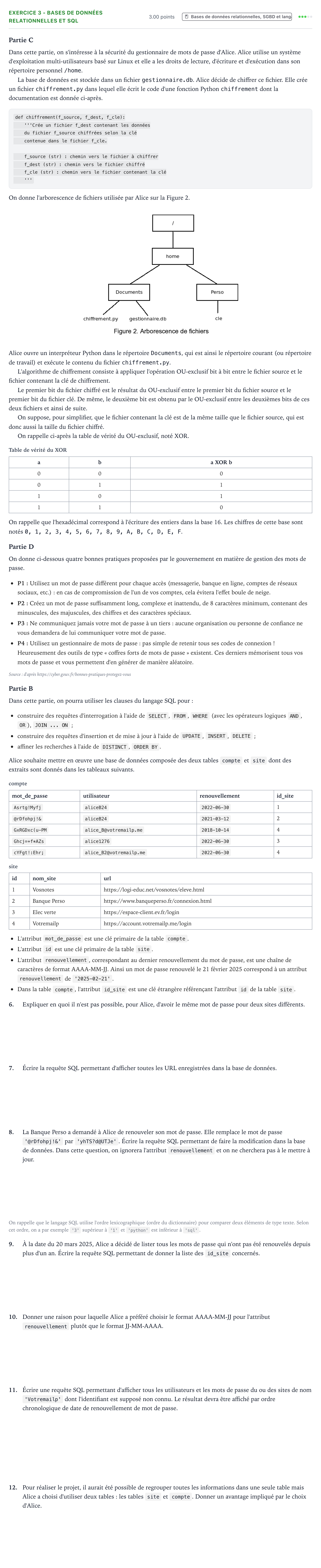 Énoncé: Exercice 3 - Bases de données relationnelles et SQL · Bac Numérique et Sciences Informatiques Polynésie 2025 (jour 1)