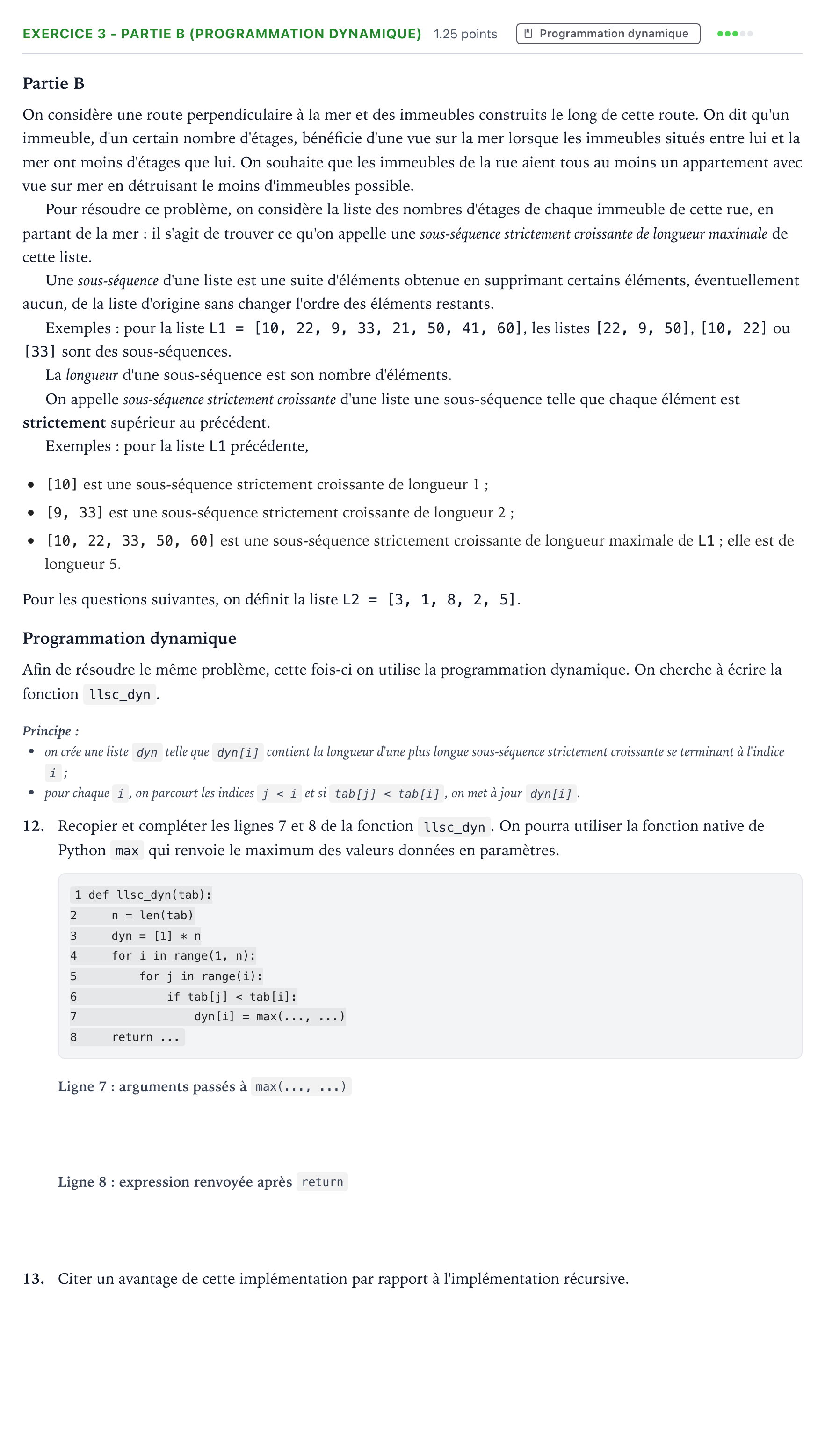 Énoncé: Exercice 3 - Partie B (Programmation dynamique) · Bac Numérique et Sciences Informatiques Amérique du Nord 2026 (jour 1)
