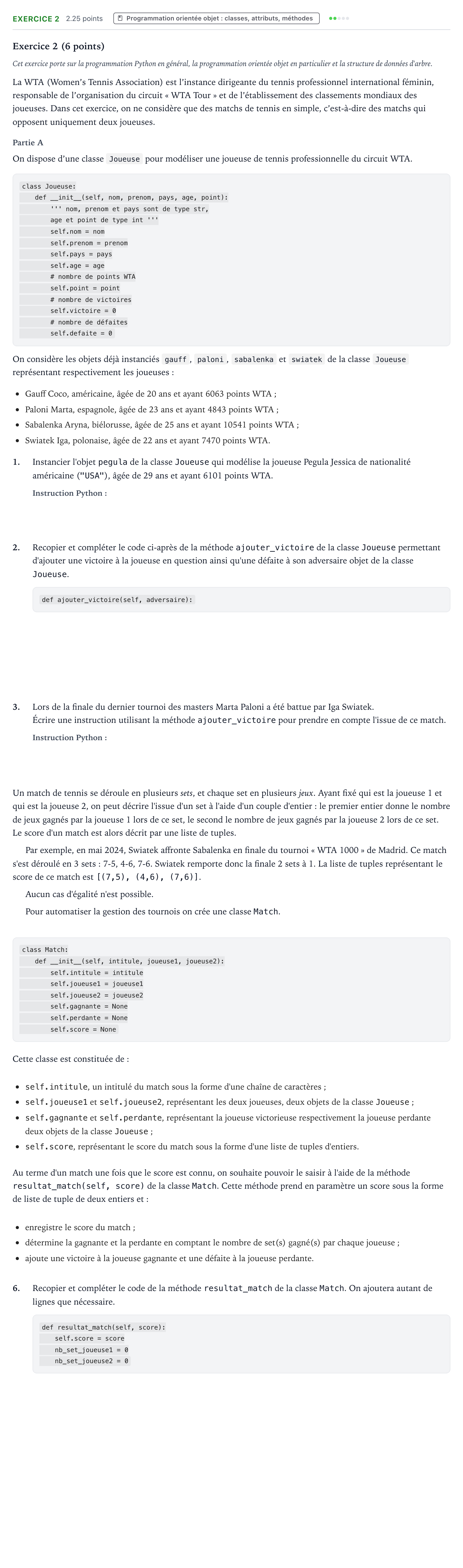 Énoncé: Exercice 2 - Programmation orientée objet · Bac Numérique et Sciences Informatiques Amérique du Nord 2026 (jour 2)