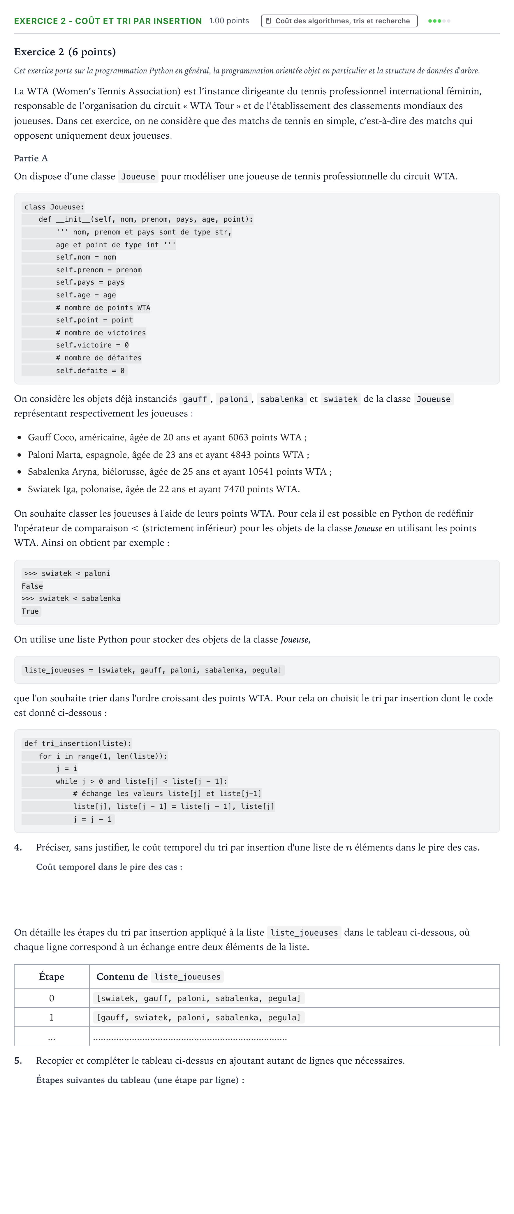 Énoncé: Exercice 2 - Coût et tri par insertion · Bac Numérique et Sciences Informatiques Amérique du Nord 2026 (jour 2)
