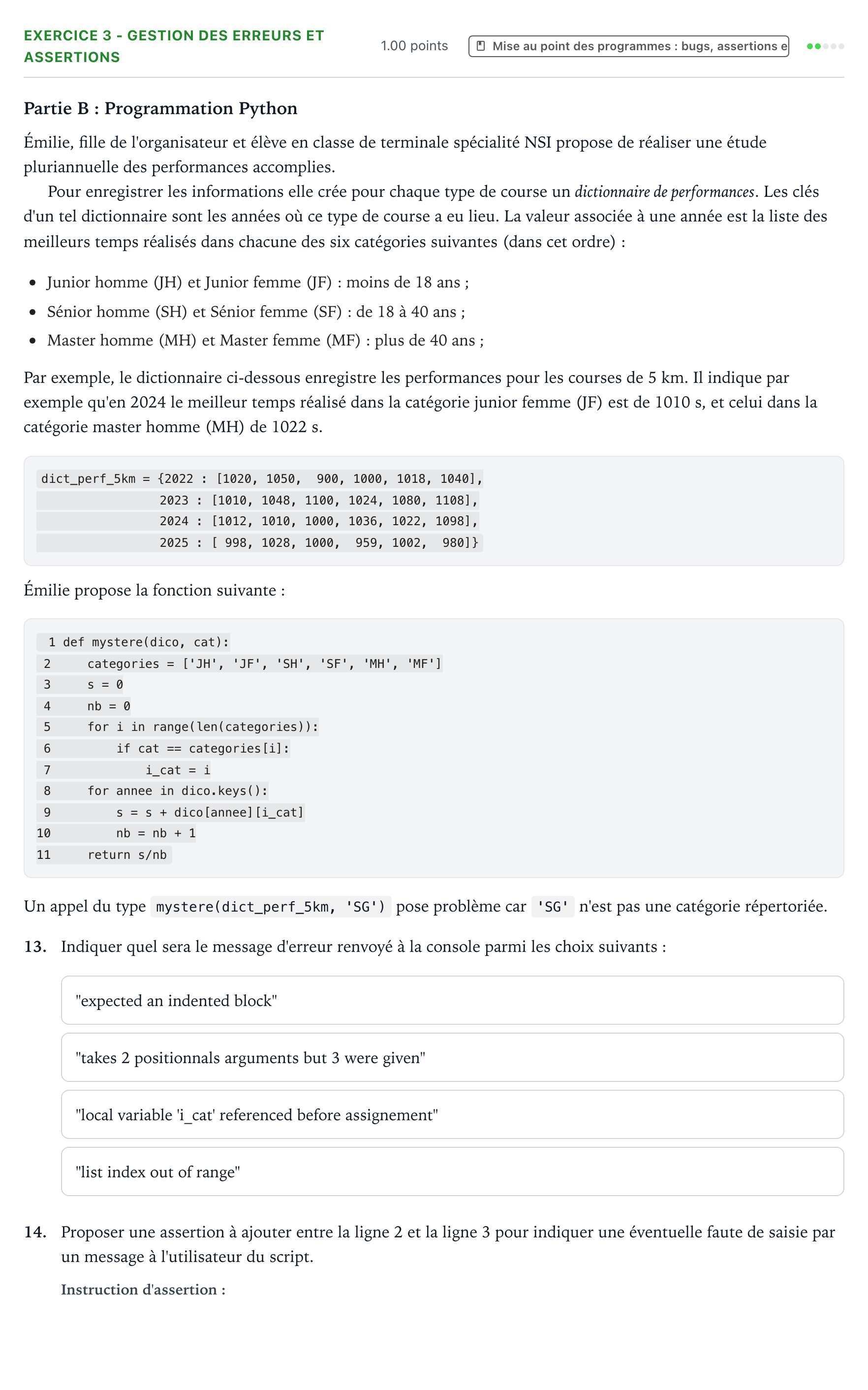 Énoncé: Exercice 3 - Gestion des erreurs et assertions · Bac Numérique et Sciences Informatiques Amérique du Nord 2026 (jour 2)