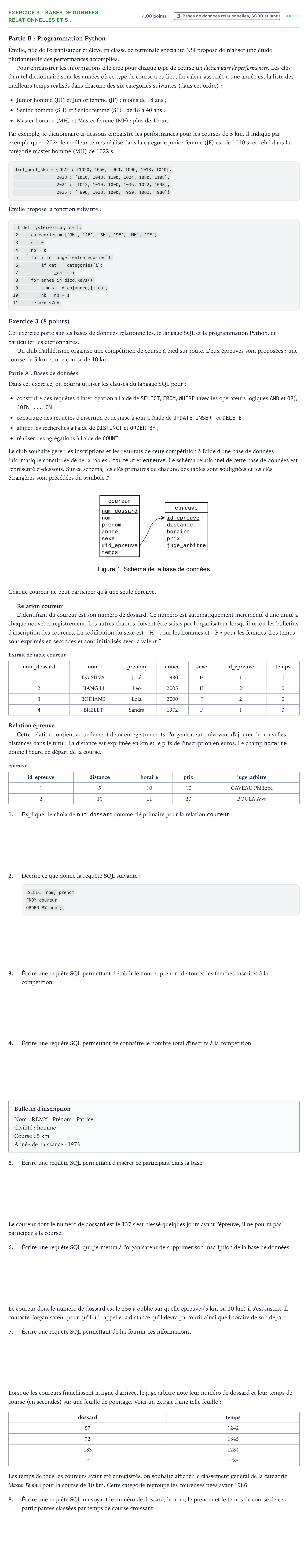 Énoncé: Exercice 3 - Bases de données relationnelles et S… · Bac Numérique et Sciences Informatiques Amérique du Nord 2026 (jour 2)