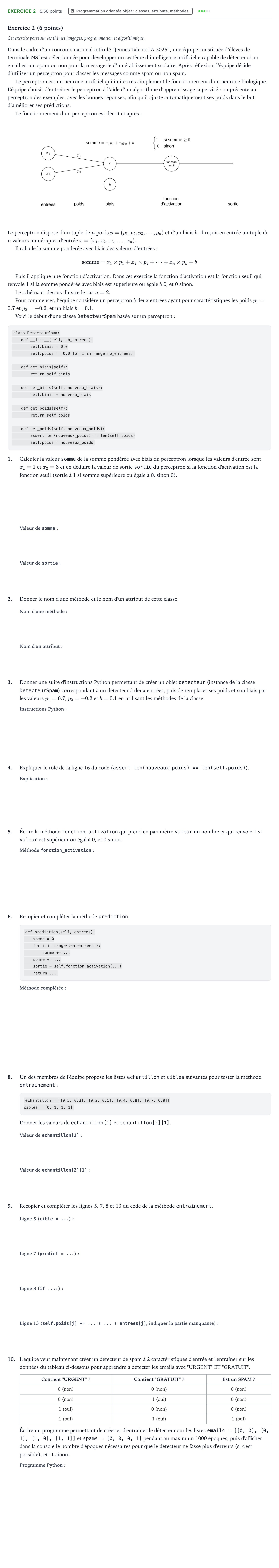 Énoncé: Exercice 2 - Programmation orientée objet · Bac Numérique et Sciences Informatiques Asie 2026 (jour 1)