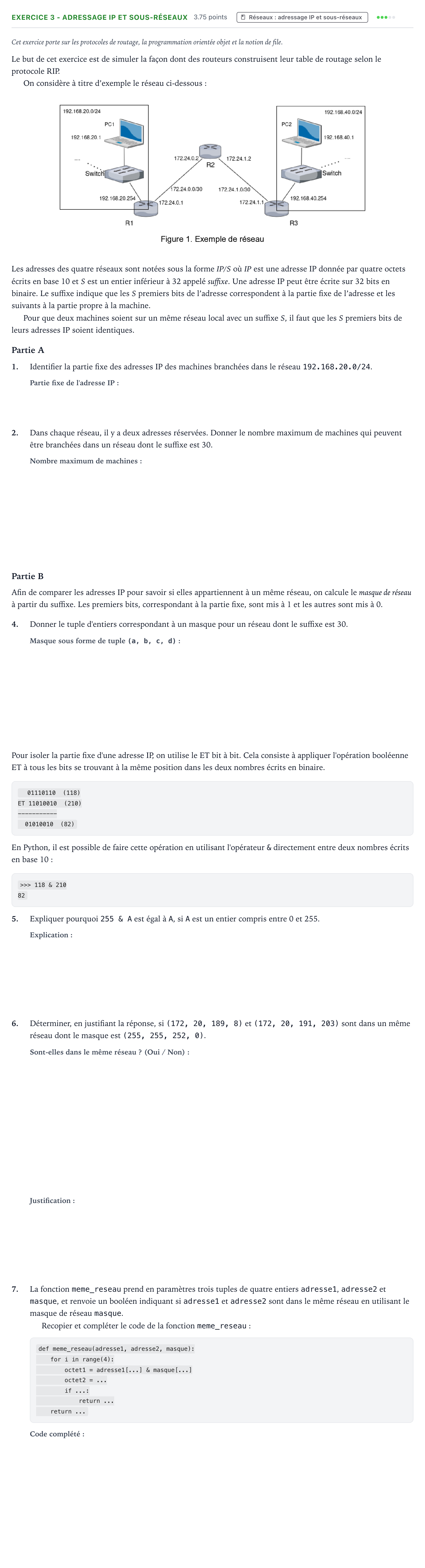 Énoncé: Exercice 3 - Adressage IP et sous-réseaux · Bac Numérique et Sciences Informatiques Asie 2026 (jour 1)