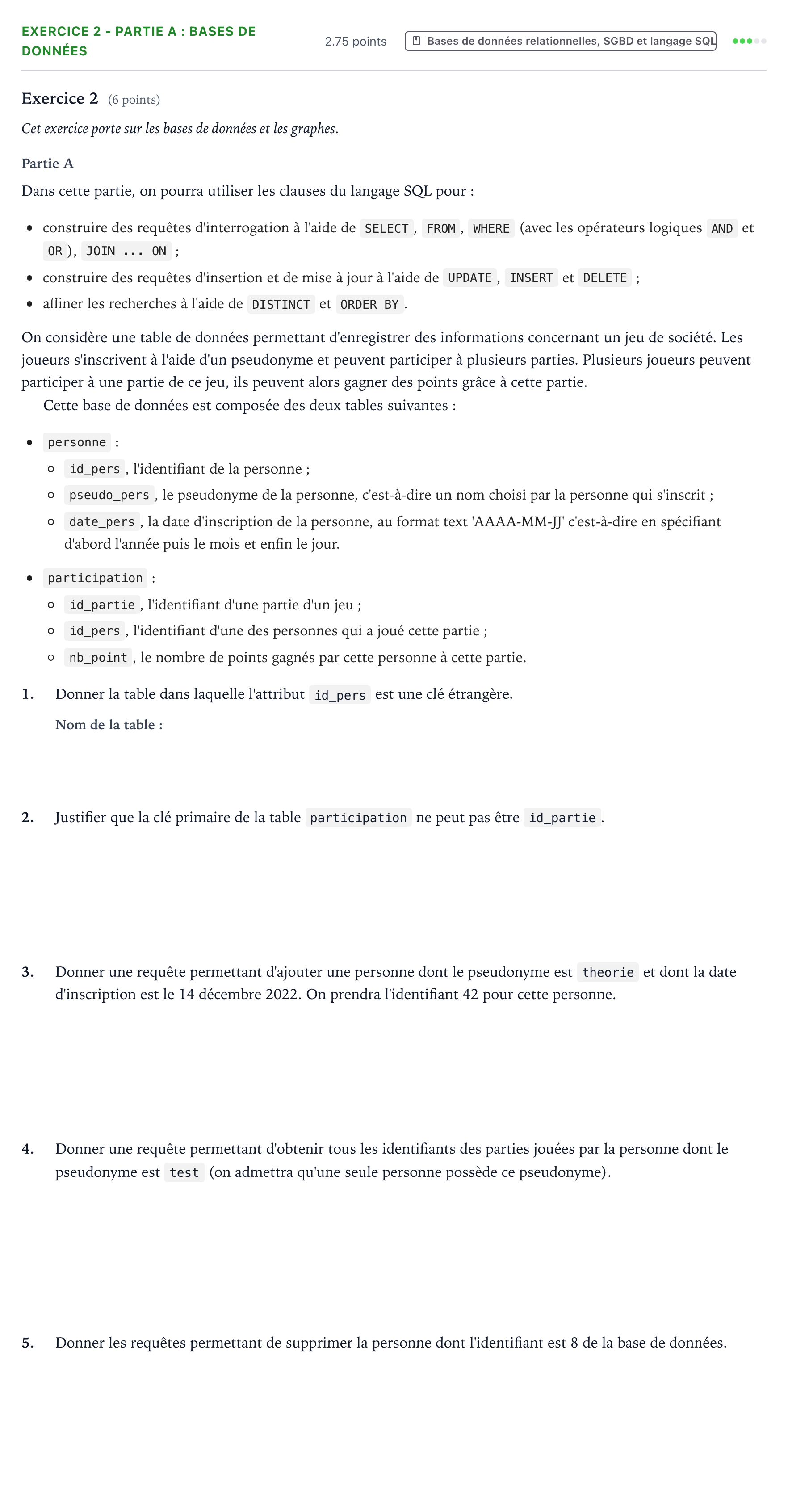 Énoncé: Exercice 2 - Partie A : Bases de données · Bac Numérique et Sciences Informatiques Asie 2026 (jour 2)