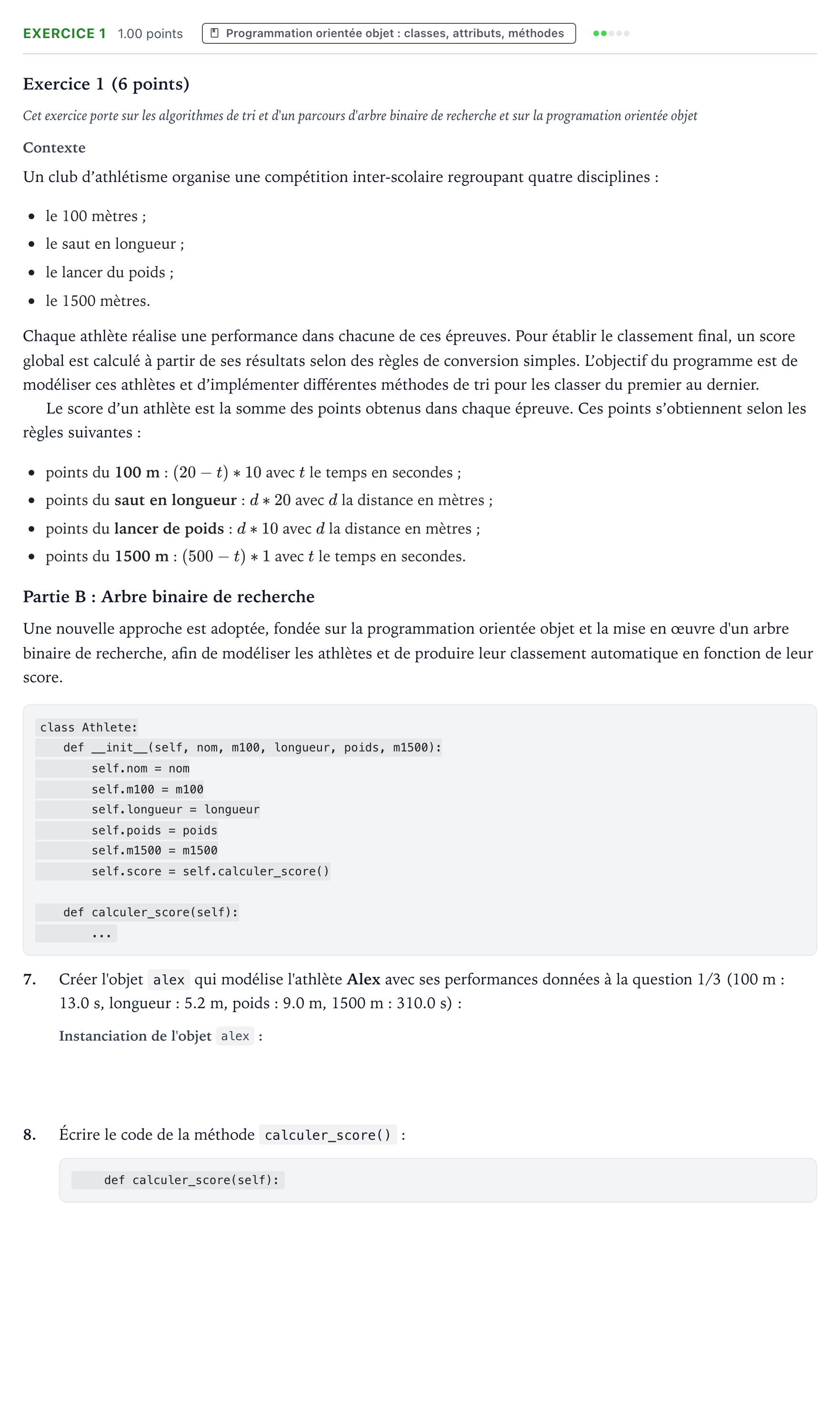 Énoncé: Exercice 1 - Programmation orientée objet · Bac Numérique et Sciences Informatiques Centres étrangers (Afrique) 2026 (jour 1)