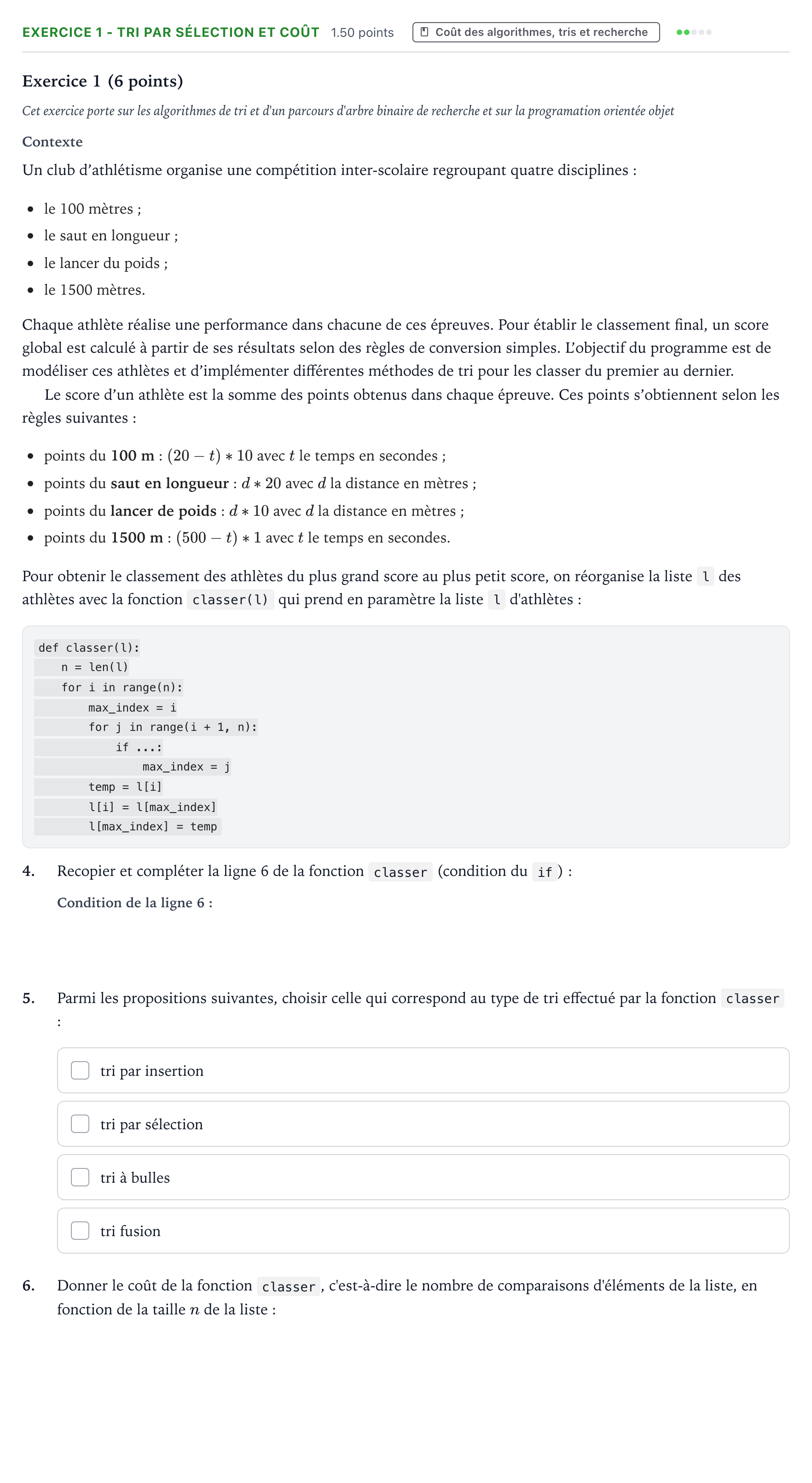 Énoncé: Exercice 1 - Tri par sélection et coût · Bac Numérique et Sciences Informatiques Centres étrangers (Afrique) 2026 (jour 1)