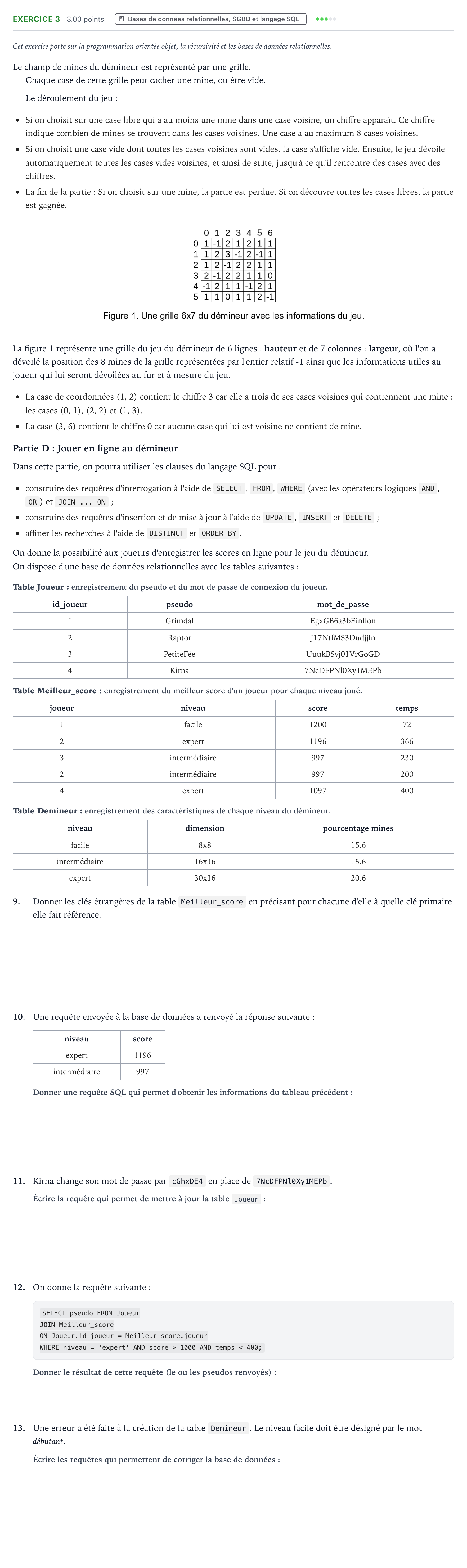 Énoncé: Exercice 3 - Bases de données relationnelles · Bac Numérique et Sciences Informatiques Centres étrangers (Afrique) 2026 (jour 1)