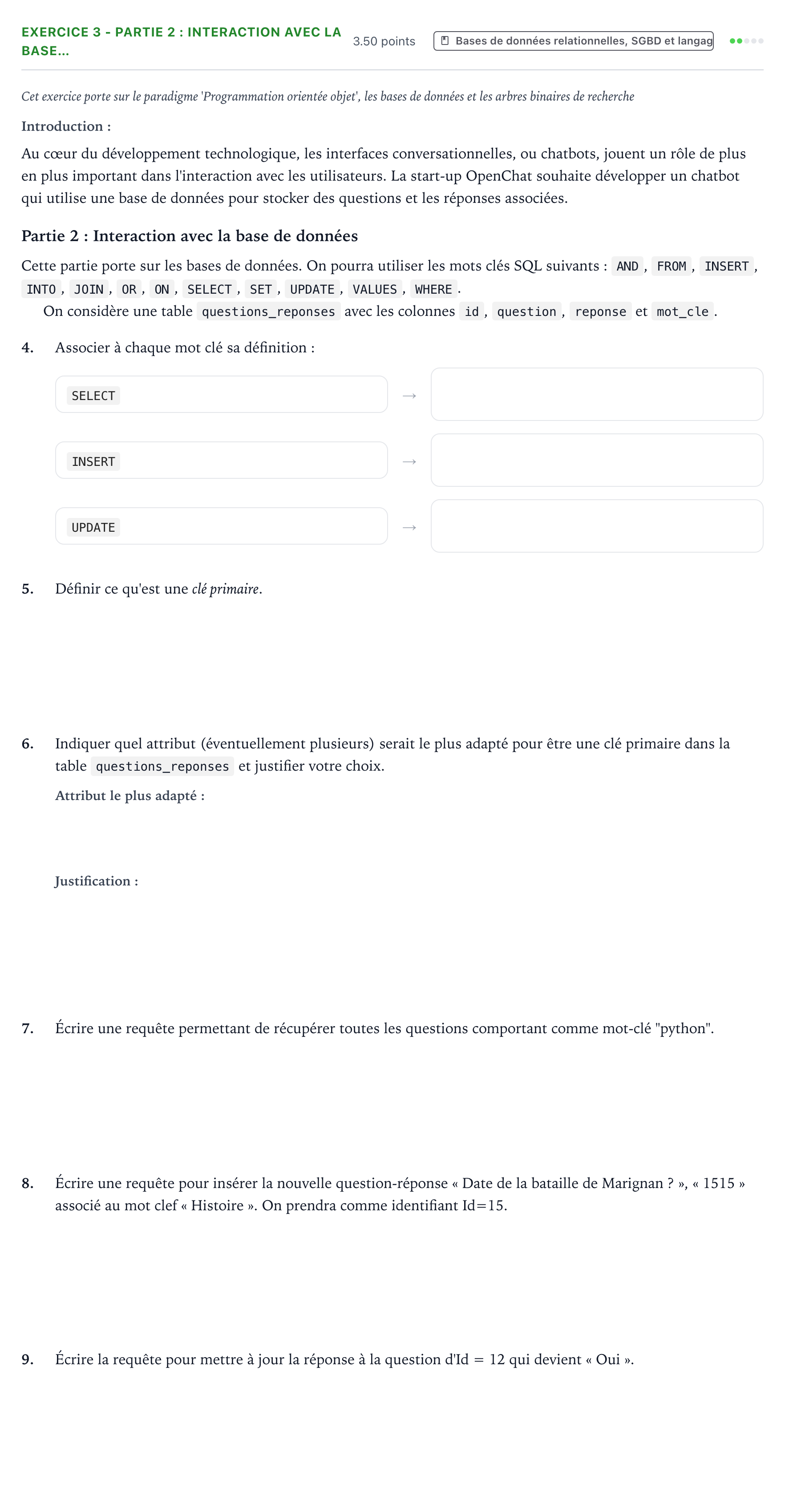 Énoncé: Exercice 3 - Partie 2 : Interaction avec la base… · Bac Numérique et Sciences Informatiques Polynésie 2026 (jour 1)