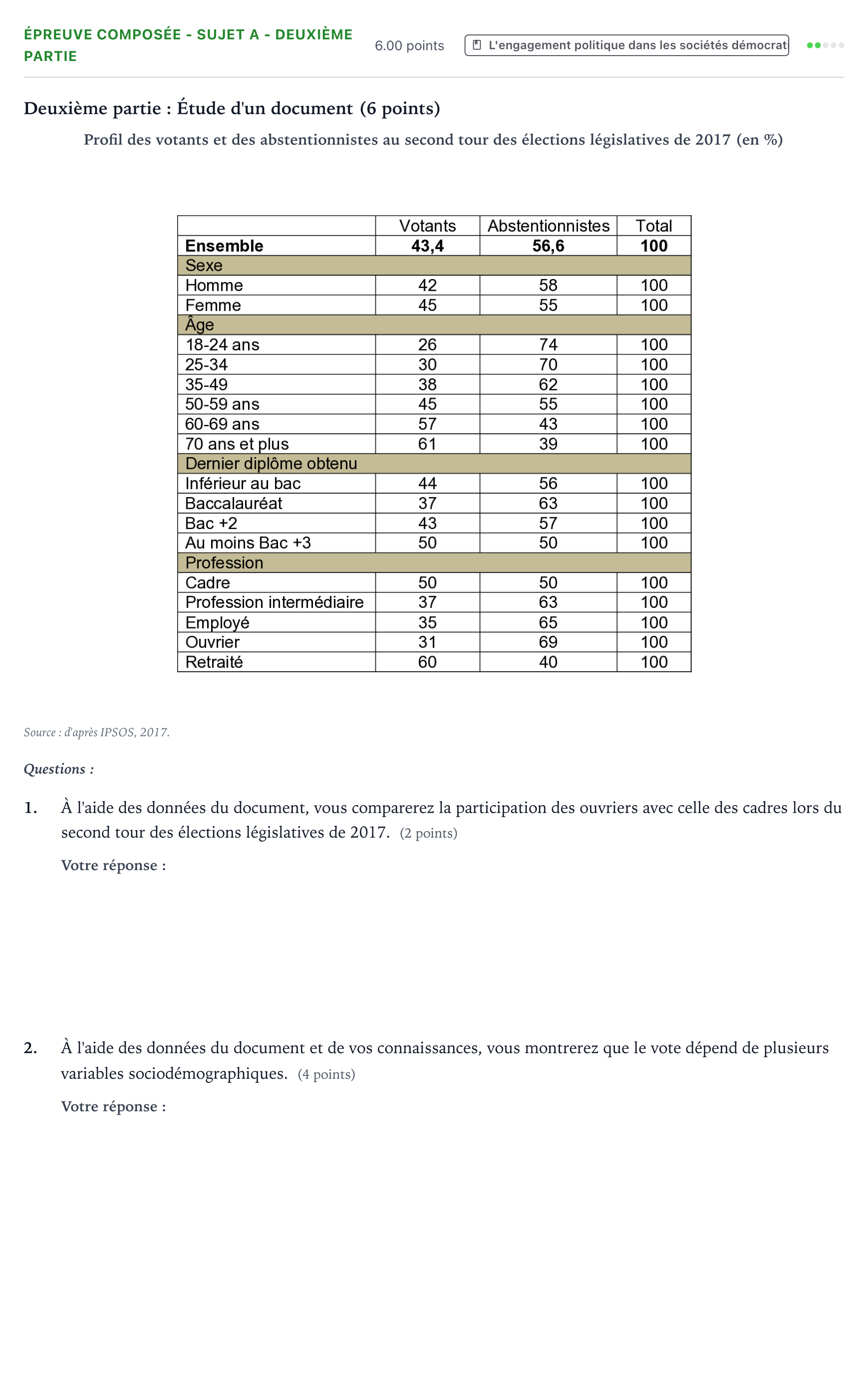 Énoncé: Épreuve composée - Sujet A - Deuxième partie · Bac Sciences Économiques et Sociales Métropole Candidat libre 2021 (sujet 2)