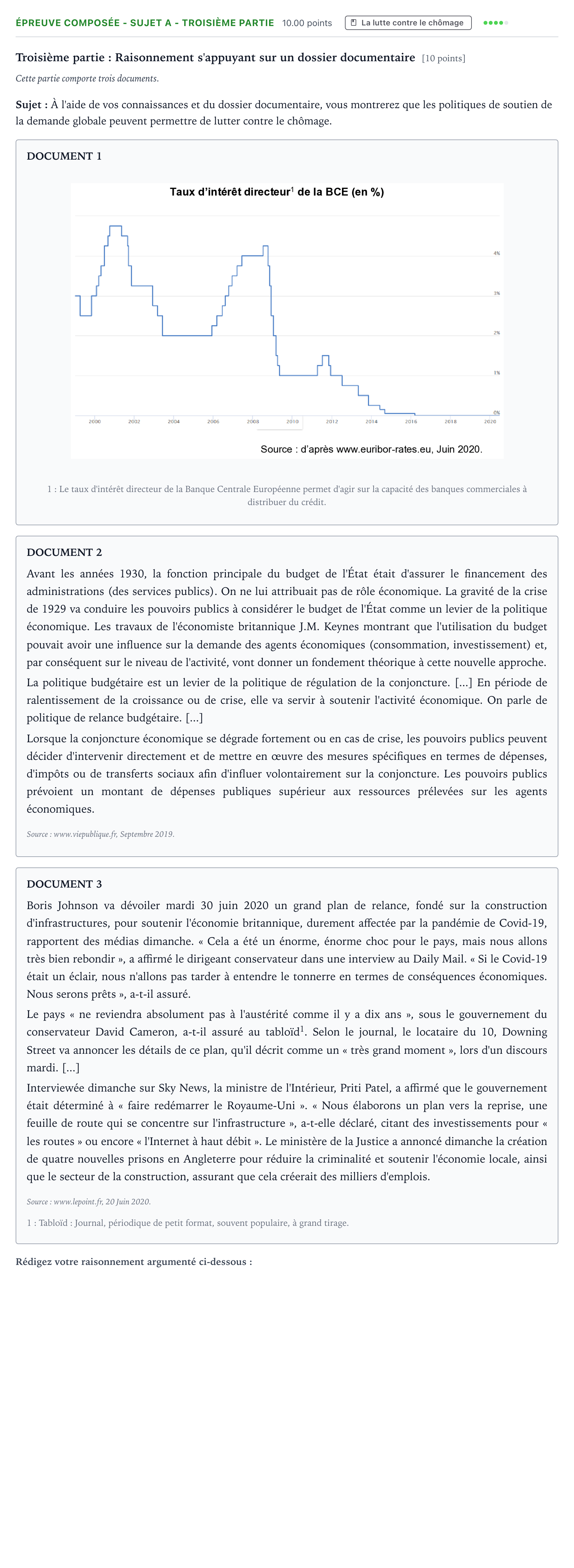 Énoncé: Épreuve composée - Sujet A - Troisième partie · Bac Sciences Économiques et Sociales Métropole Candidat libre 2021 (sujet 2)