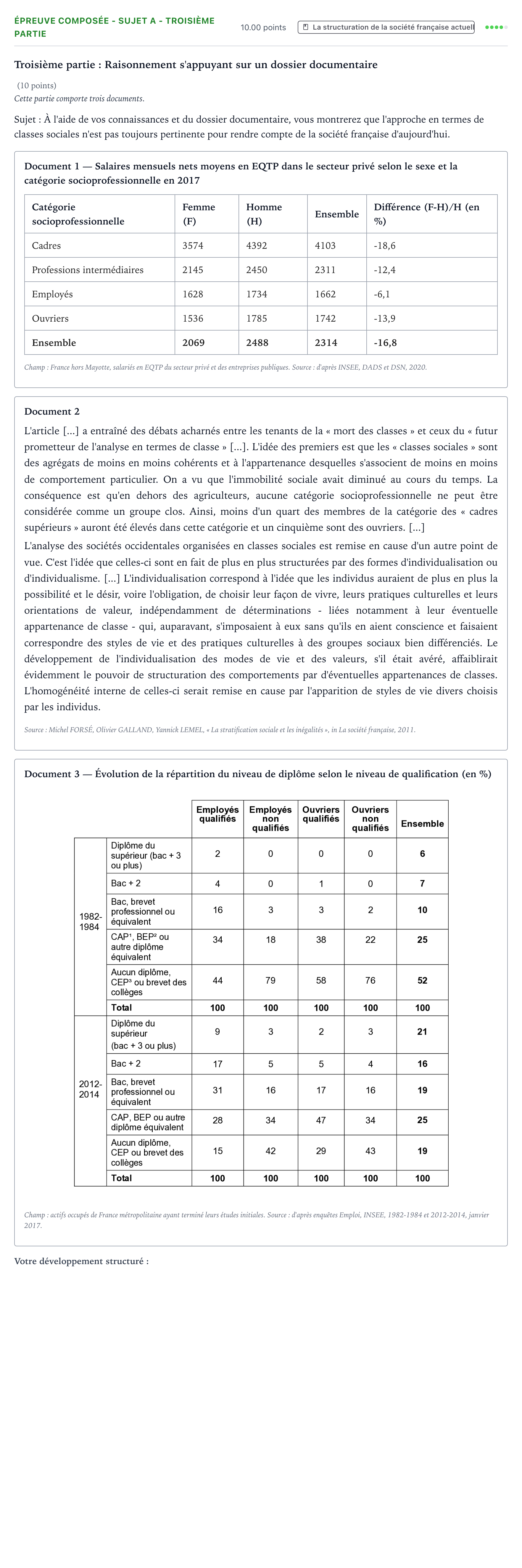 Énoncé: Épreuve composée - Sujet A - Troisième partie · Bac Sciences Économiques et Sociales Métropole 1 remplacement 2021