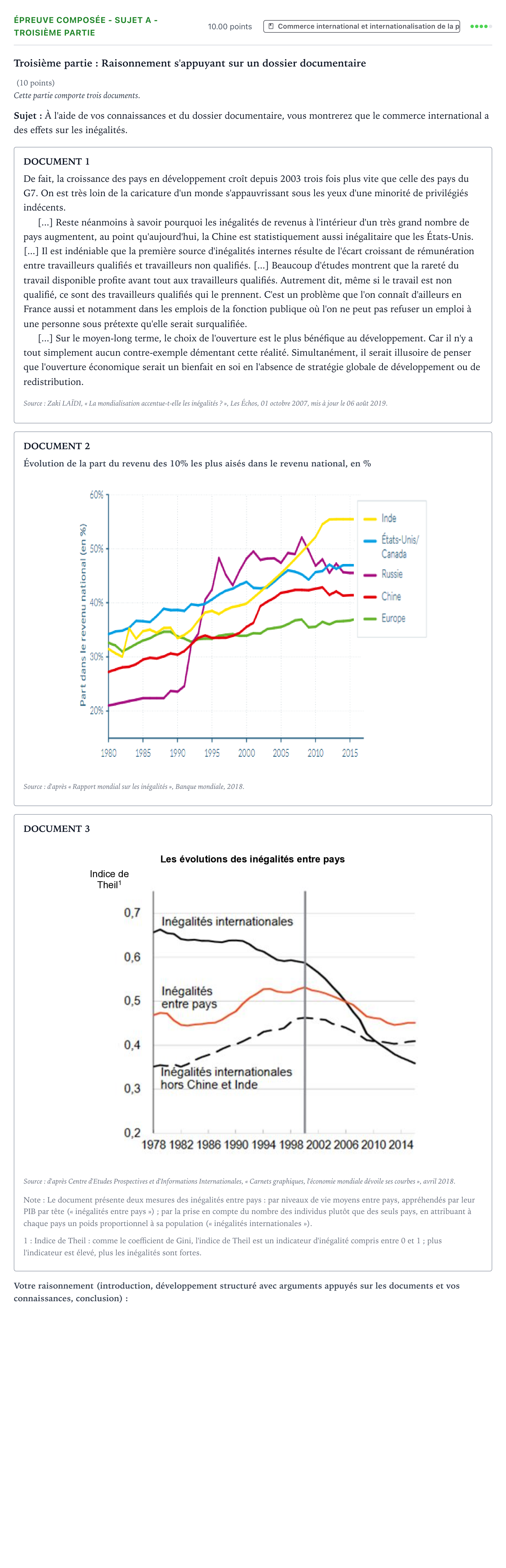 Énoncé: Épreuve composée - Sujet A - Troisième partie · Bac Sciences Économiques et Sociales Métropole 2 remplacement 2021