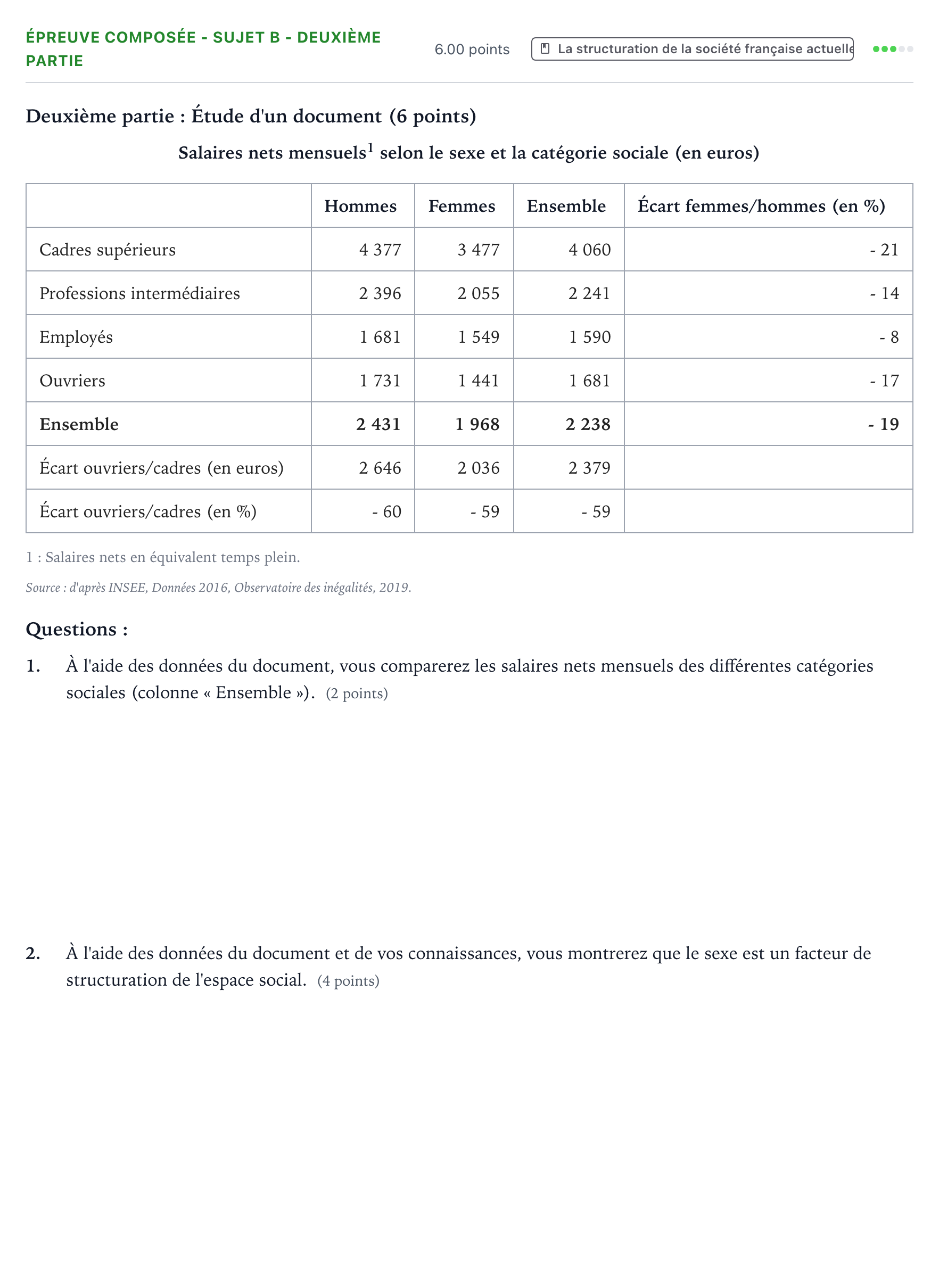 Énoncé: Épreuve composée - Sujet B - Deuxième partie · Bac Sciences Économiques et Sociales Métropole 2 remplacement 2021