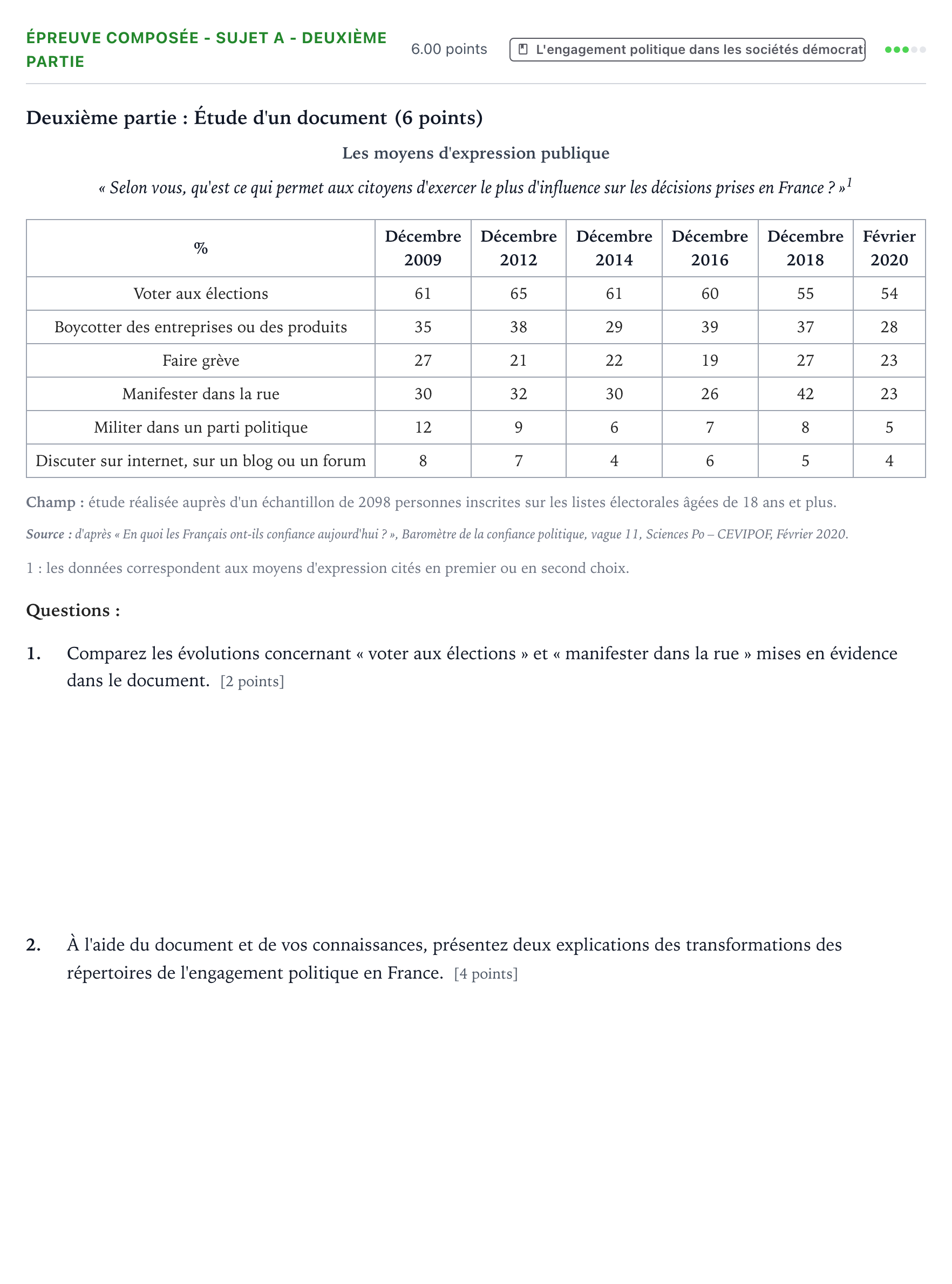Énoncé: Épreuve composée - Sujet A - Deuxième partie · Bac Sciences Économiques et Sociales Polynésie 2021 (jour 1)