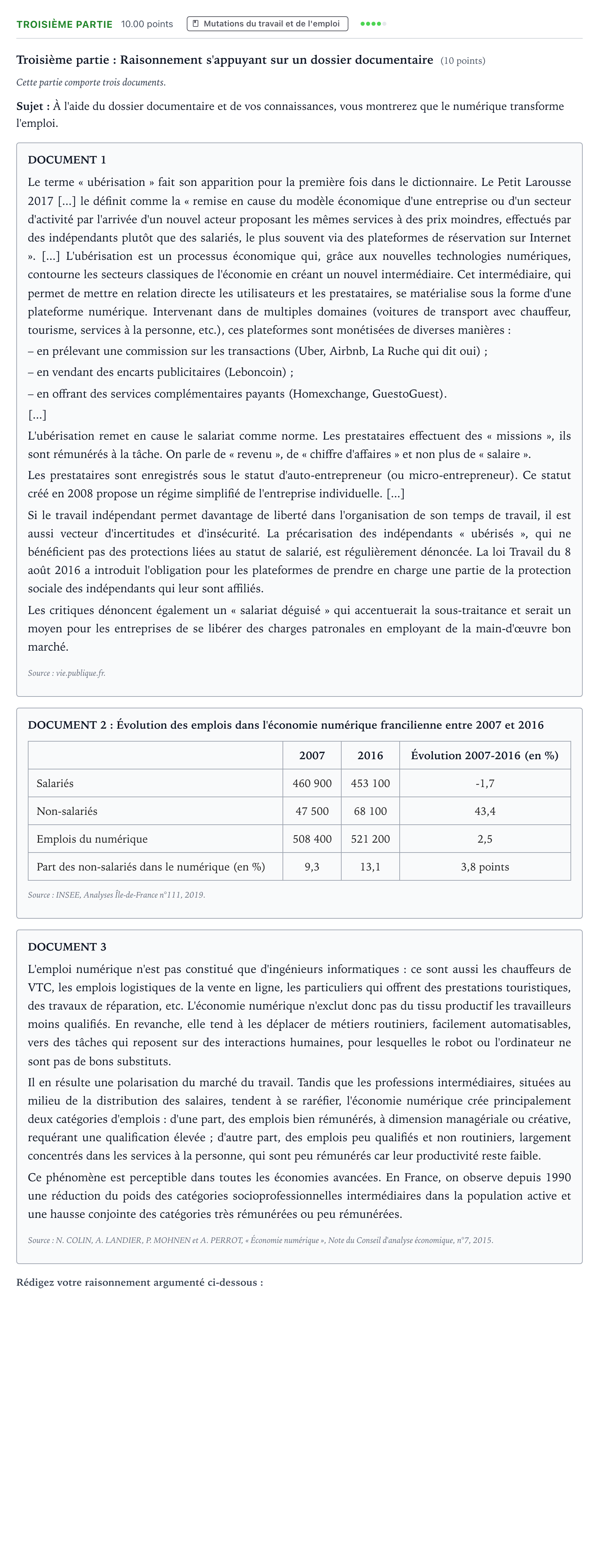 Énoncé: Exercice Troisième partie · Bac Sciences Économiques et Sociales Sujets zéro et spécimens sujet 2021 (sujet 2)