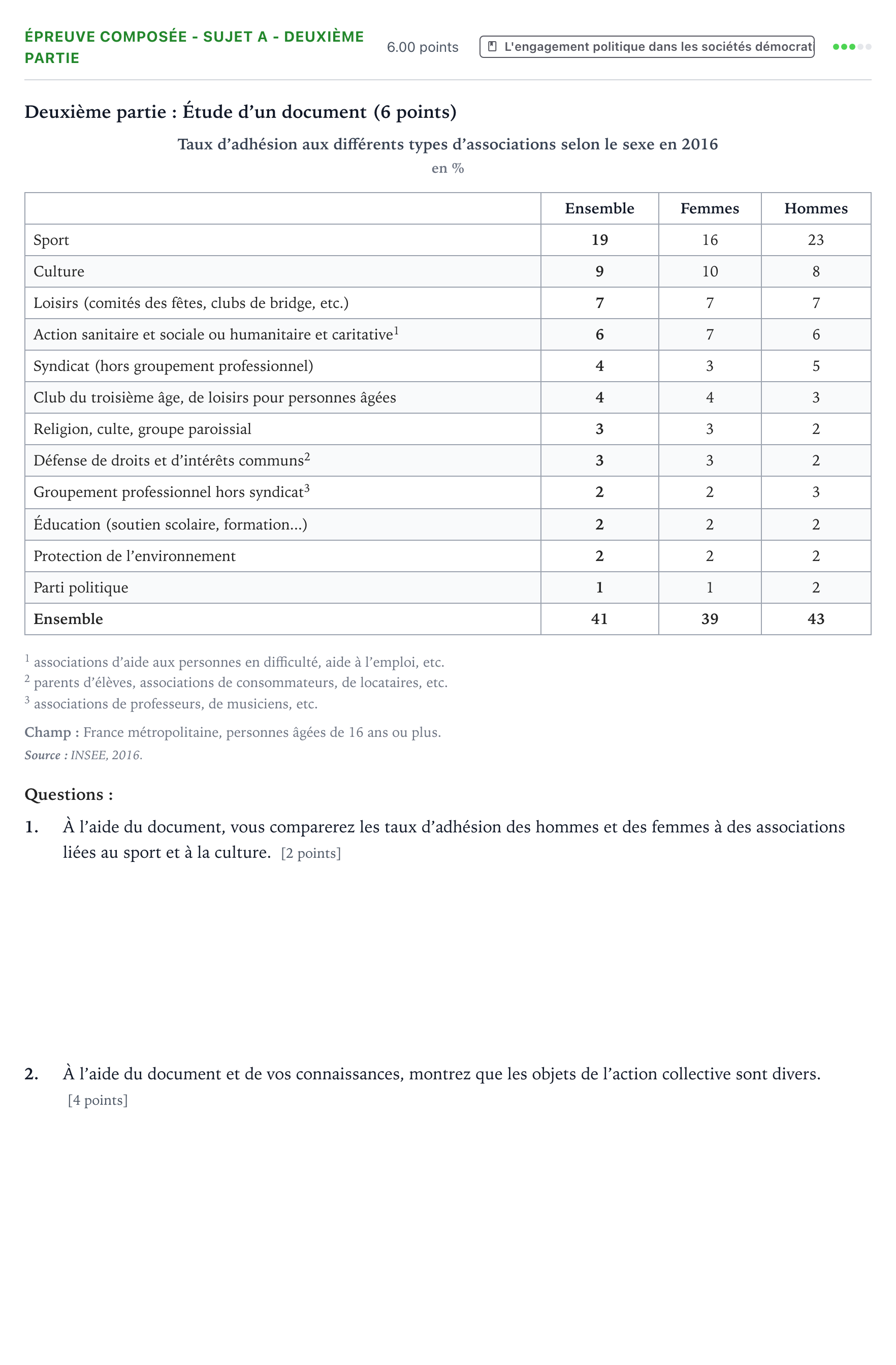 Énoncé: Épreuve composée - Sujet A - Deuxième partie · Bac Sciences Économiques et Sociales Amérique du Nord 2022 (jour 1)