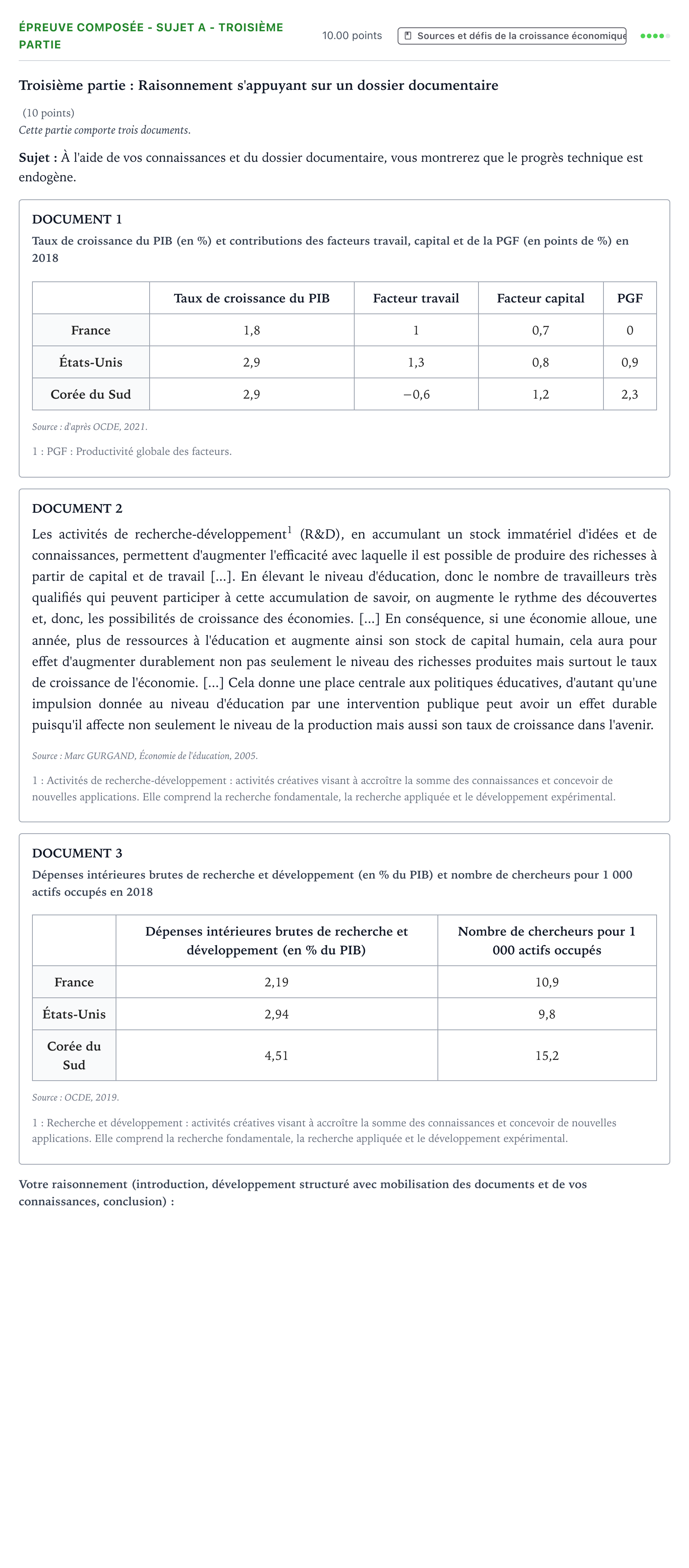 Énoncé: Épreuve composée - Sujet A - Troisième partie · Bac Sciences Économiques et Sociales Amérique du Nord 2022 (jour 2)