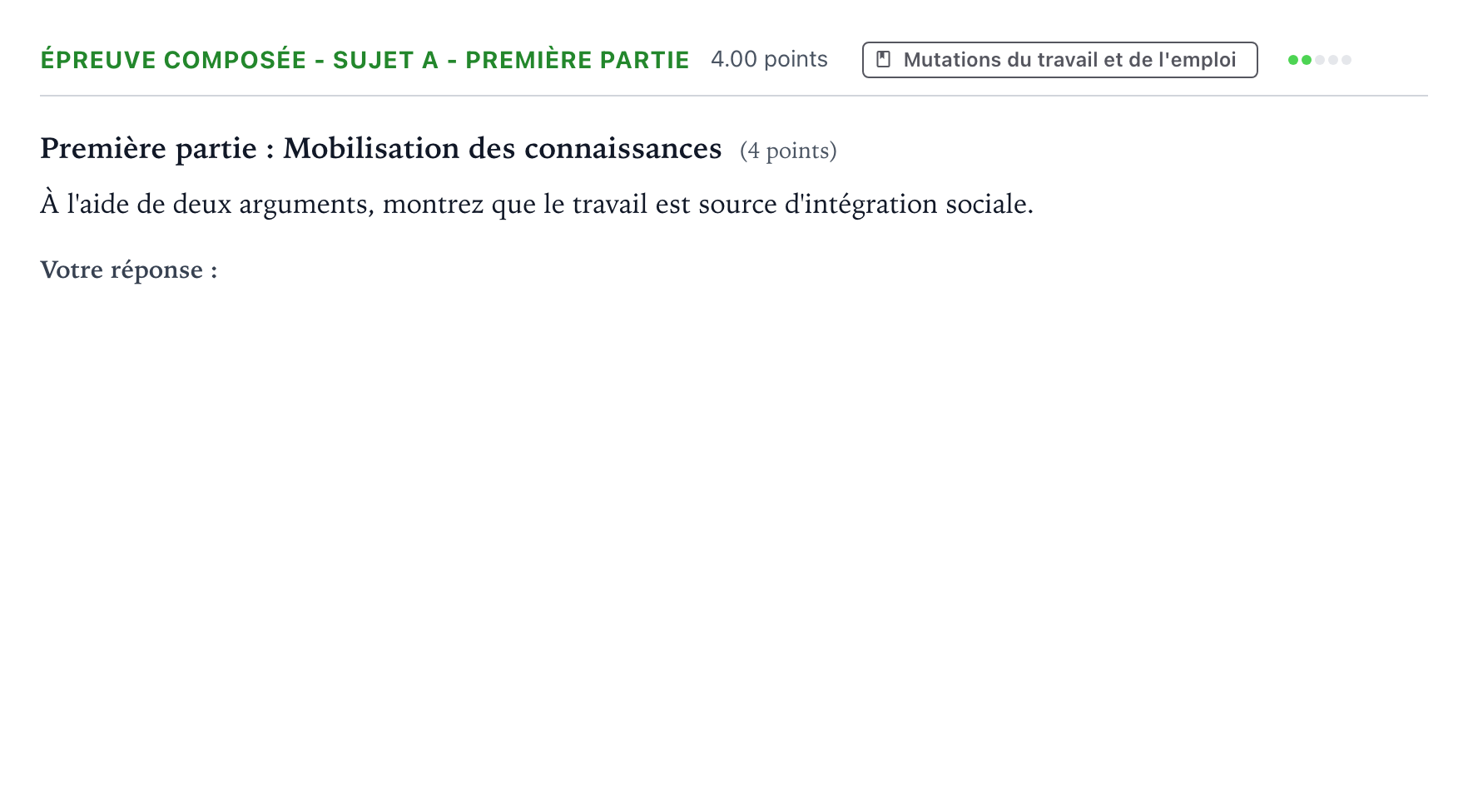 Énoncé: Épreuve composée - Sujet A - Première partie · Bac Sciences Économiques et Sociales Amérique du Sud 2022 (jour 1)